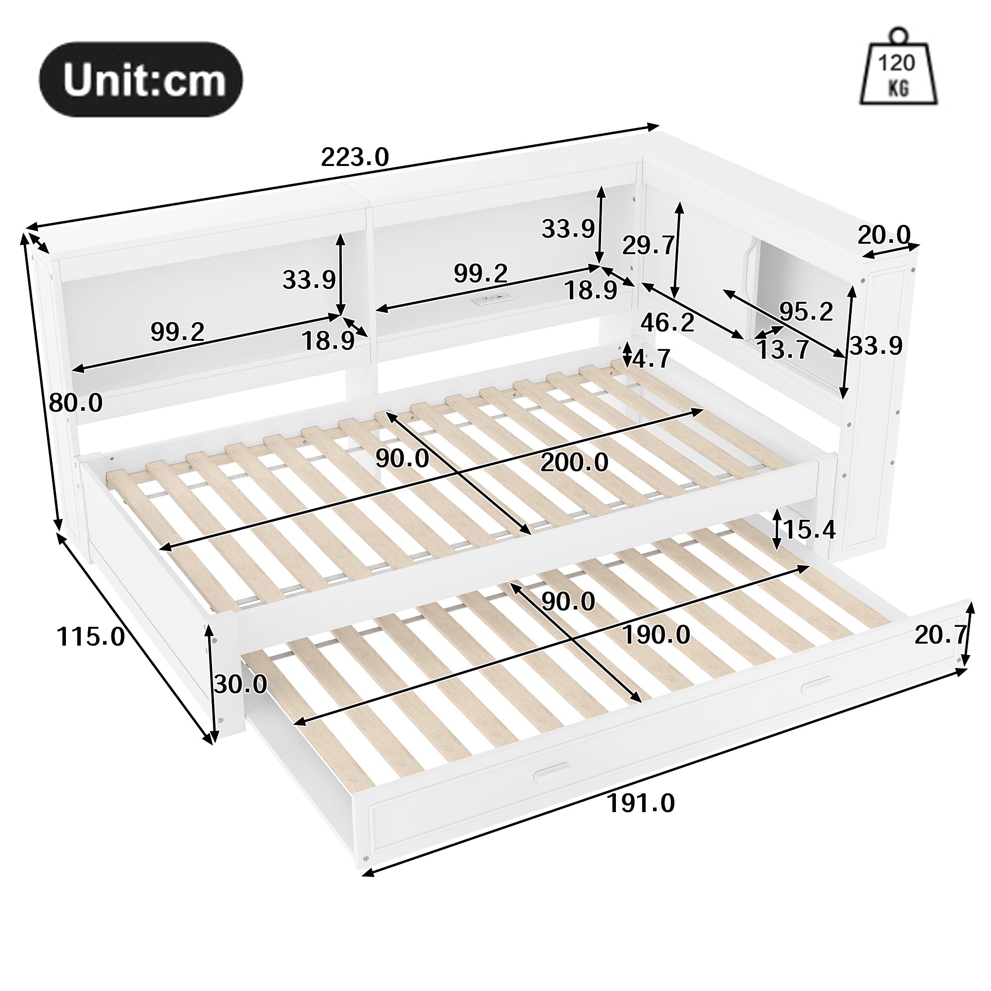 Daybed Sofa Bed, 90x200cm Pull-out LED/USB/Type-C Port, White