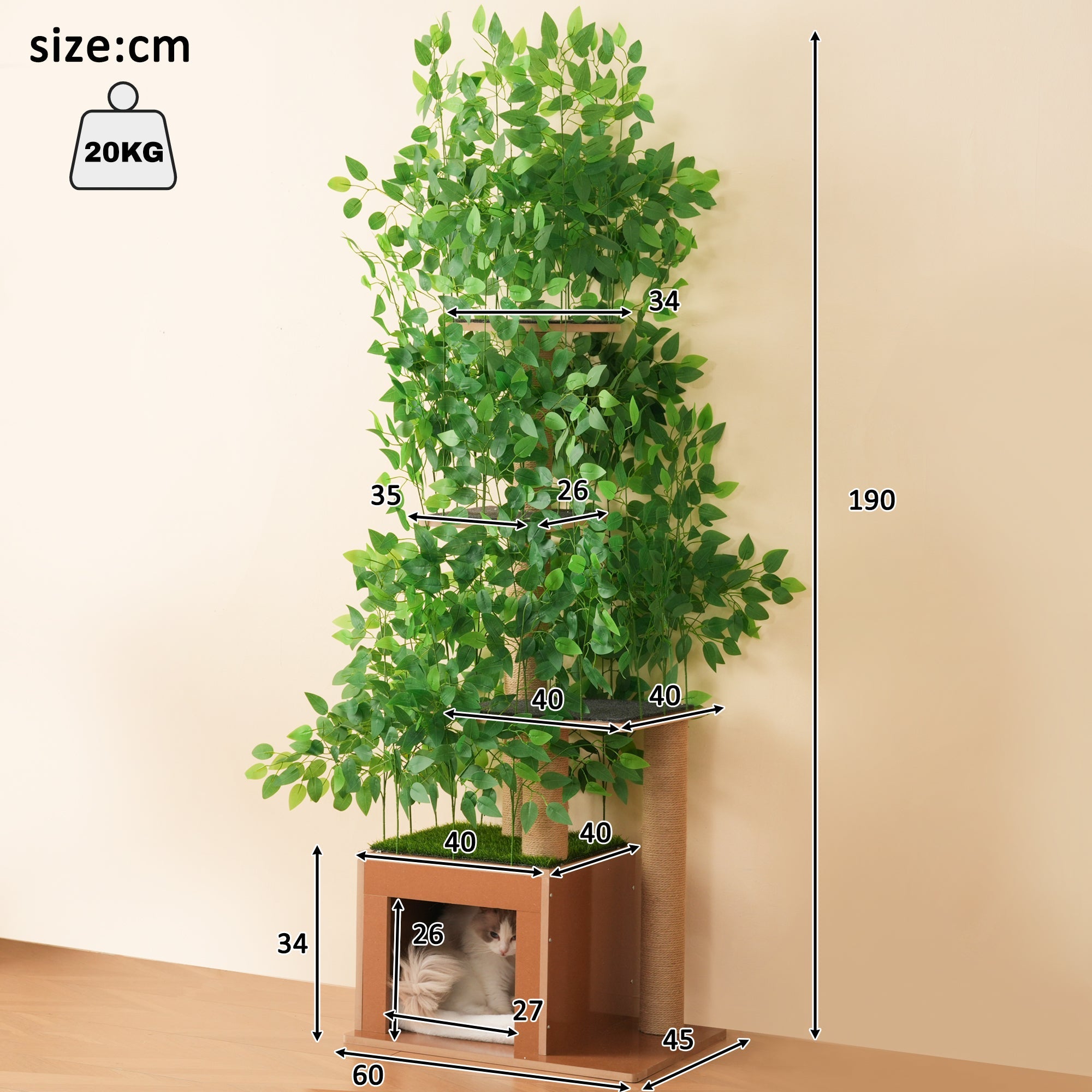 Cat Tree 190cm Tall Tree-Shaped 4 Platforms with Cat Holes Scratch-Resistant MDF