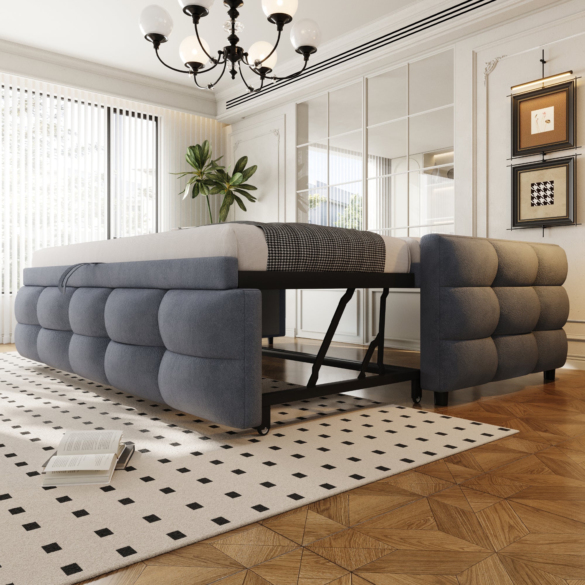 Extendable Upholstered Sofa Bed with Slatted Base and Teddy Velvet Fabric, Grey