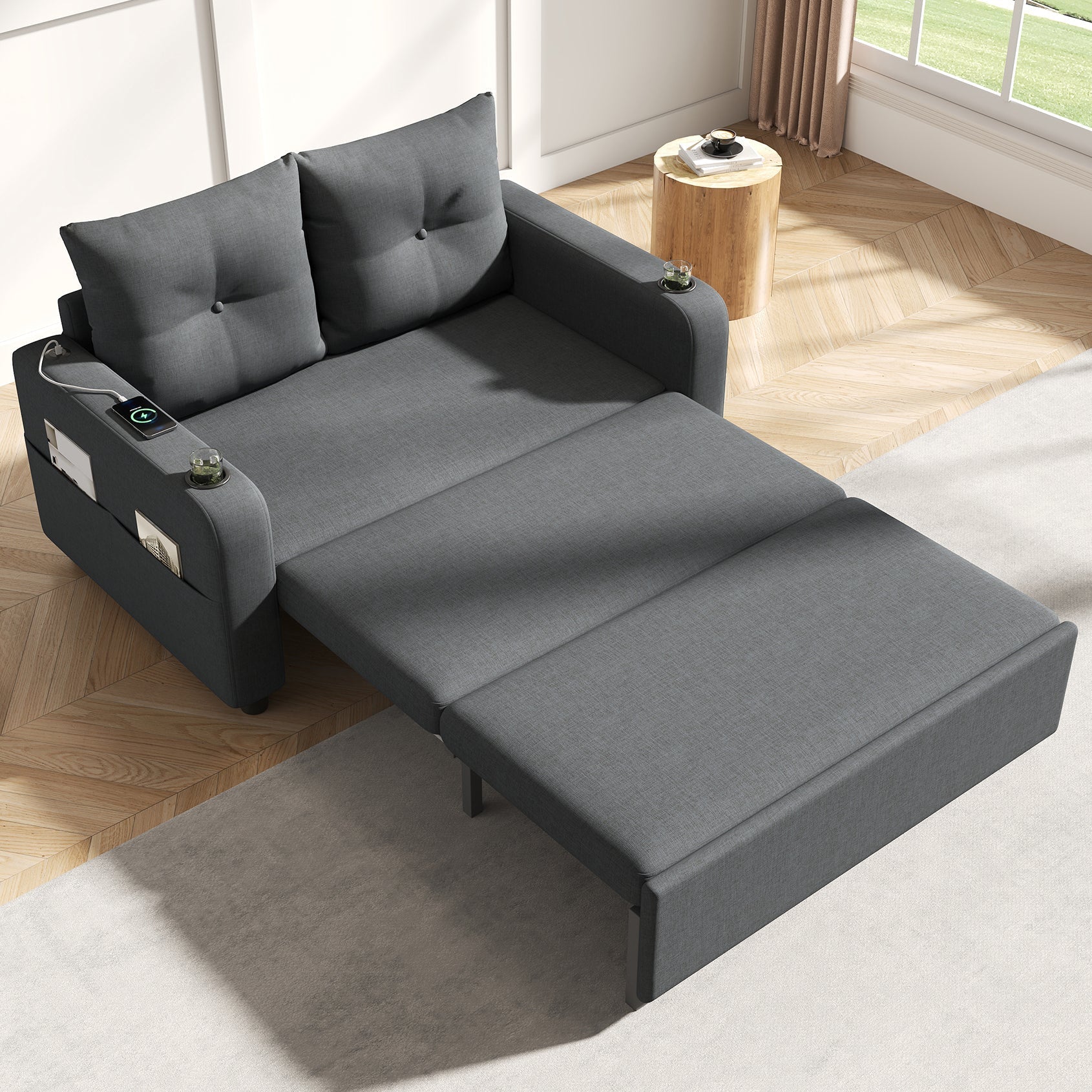 3-in-1 Sleeper Sofa with Pull-Out Bed, Cup Holder, USB Port and Side Pockets, Grey