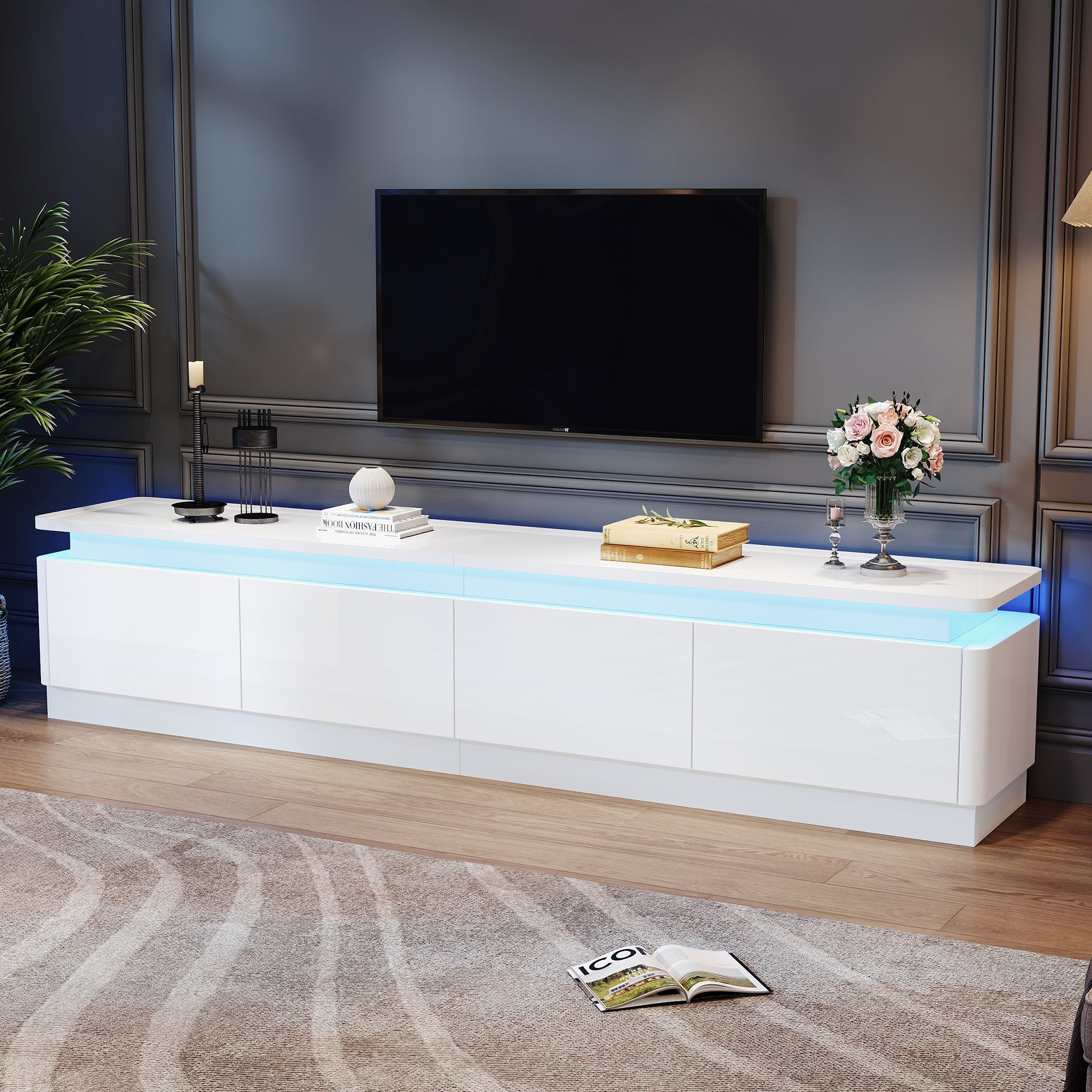 TV Cabinet, 180x34x40cm, 4 Drawers, LED, High-Gloss, for 80-inch TVs, White