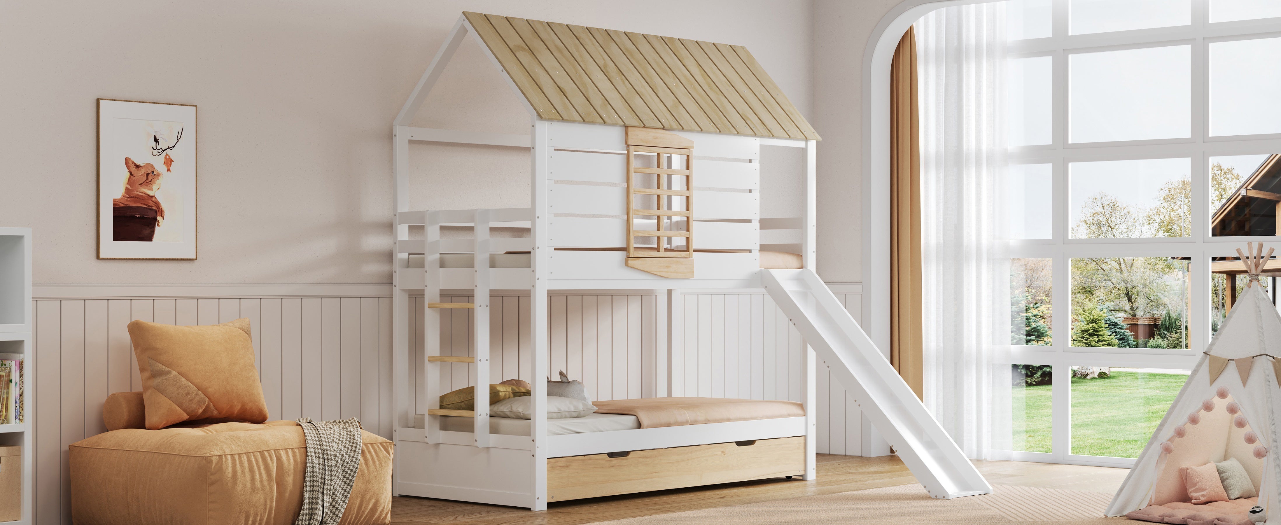 House-Shaped Bunk Bed with Slide and Pull-Out Bed, 90x200, White and Natural Pine