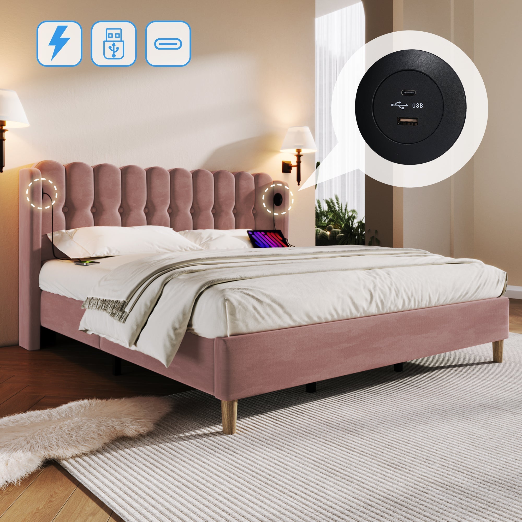 Upholstered Double Bed with USB and Type-C Charging, Pink, Velvet Material