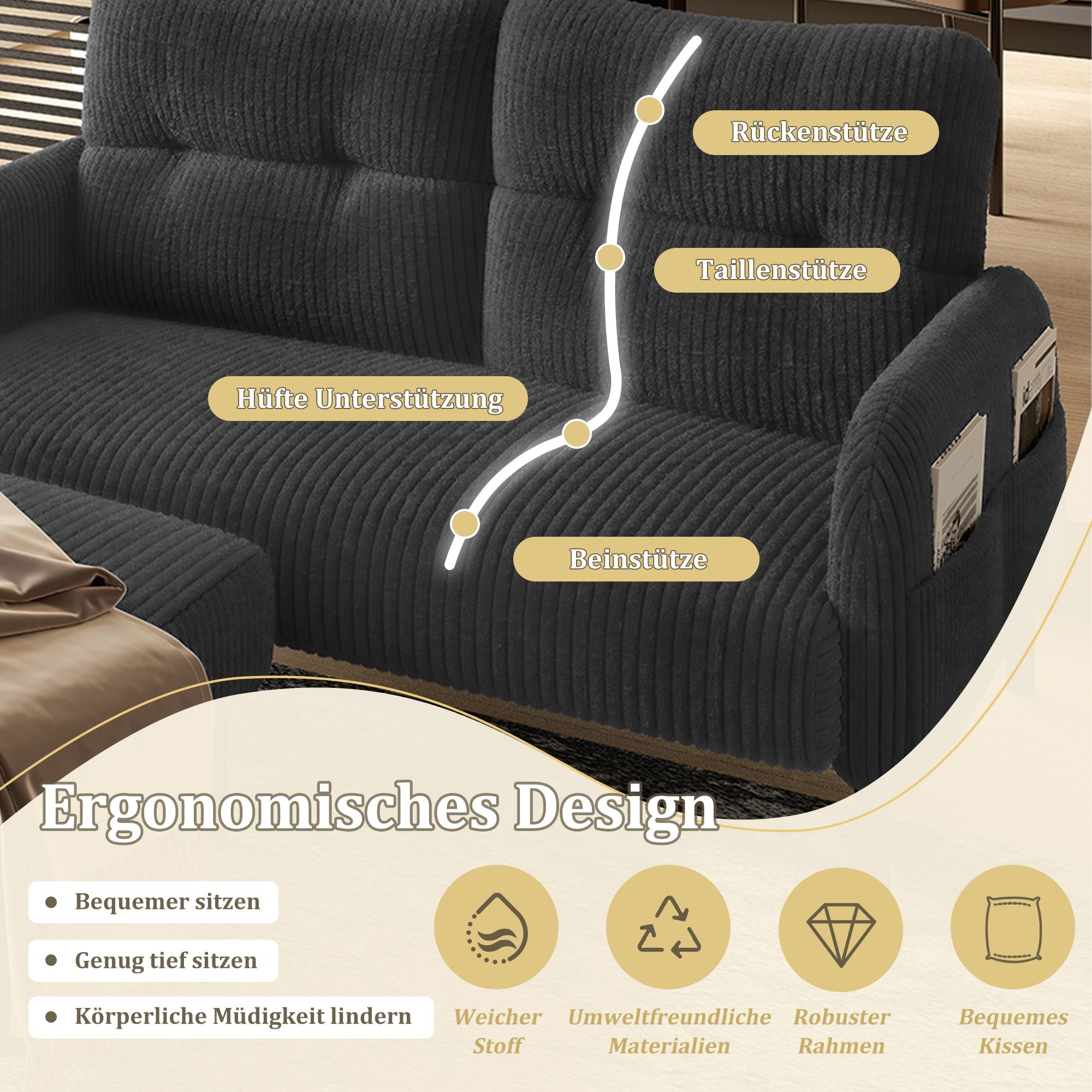 Cord Sofa Set, Modular 3-Piece Deep Seat Side Pocket, Grey Fabric