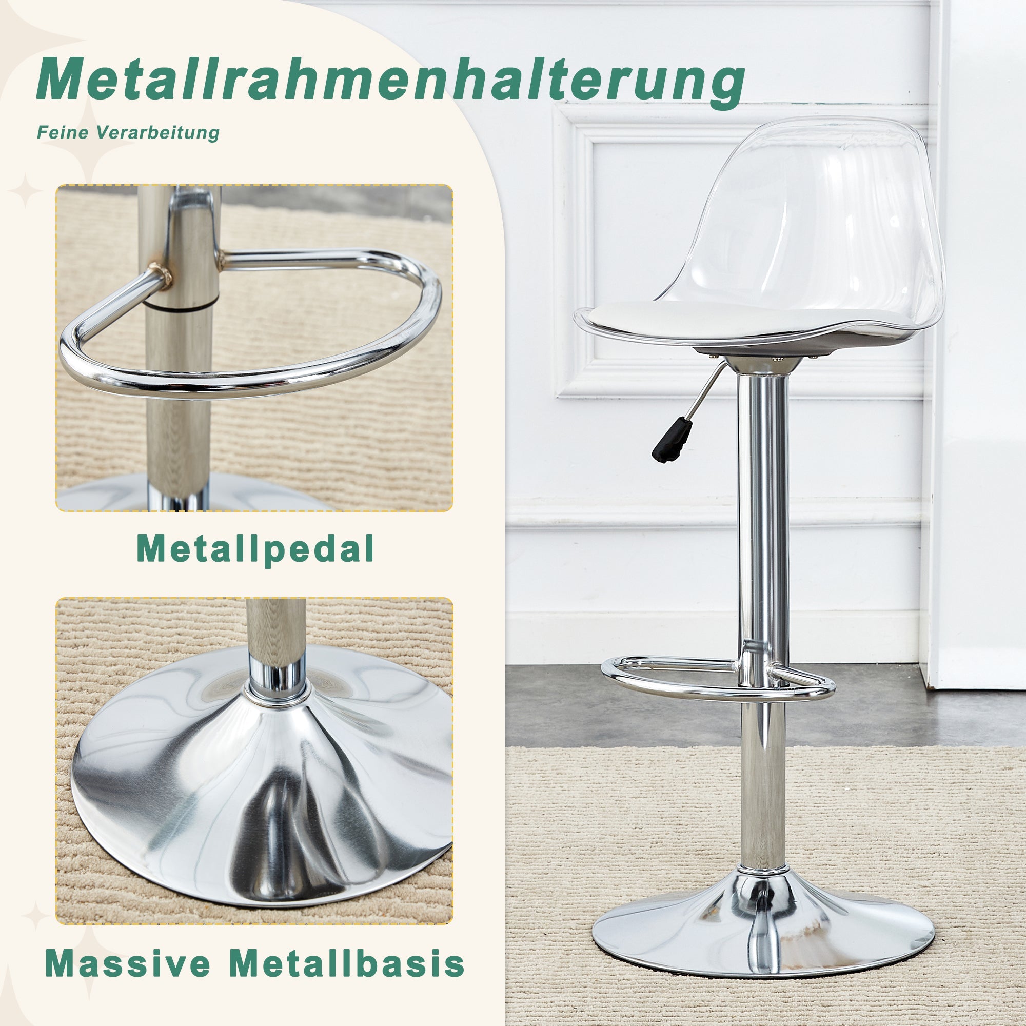 2-Pack Beam Chairs Adjustable 360° Swivel - Transparent/Silver Metal