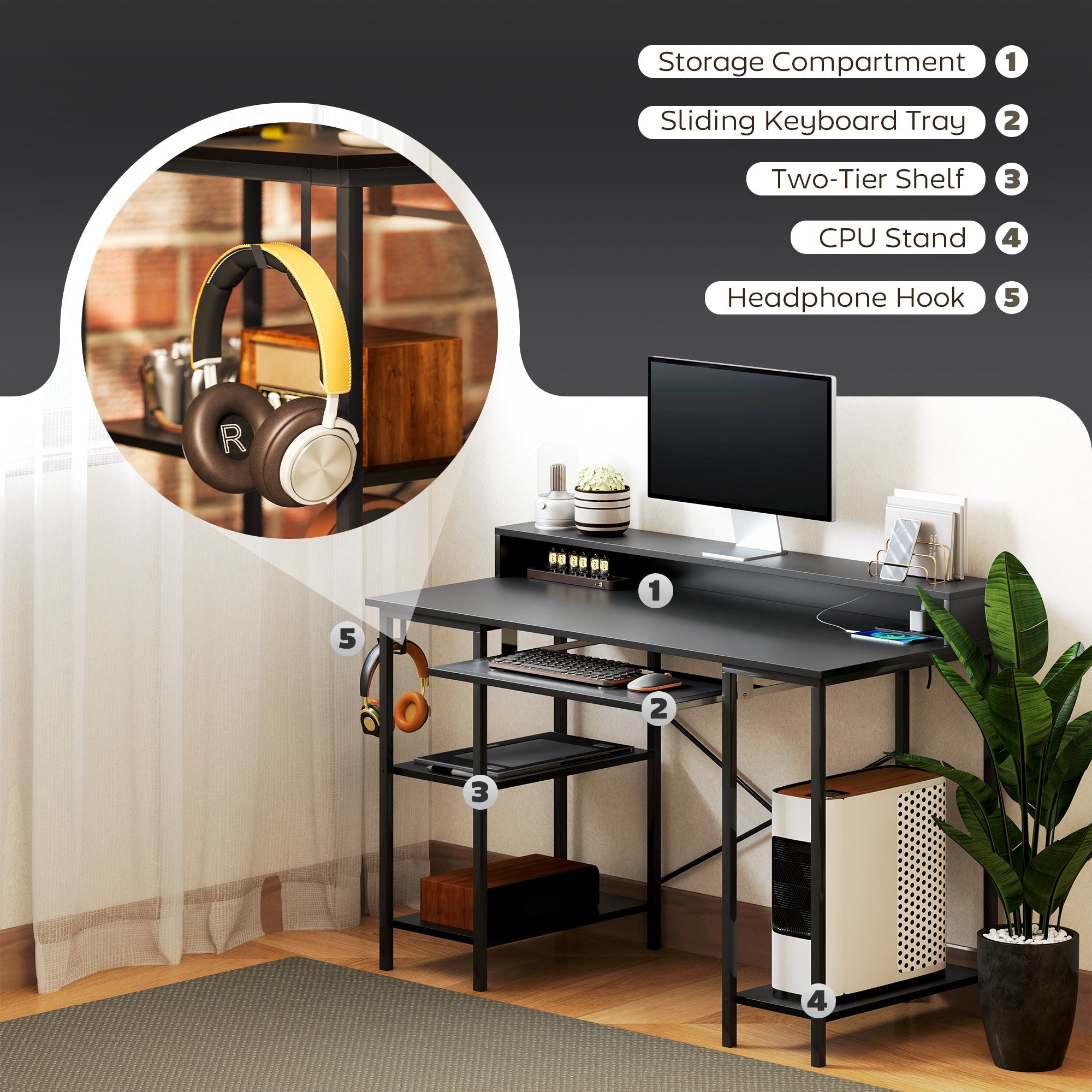 Computer Desk with LED Lights, Power Outlets, Monitor Stand, and Storage Shelves, Black