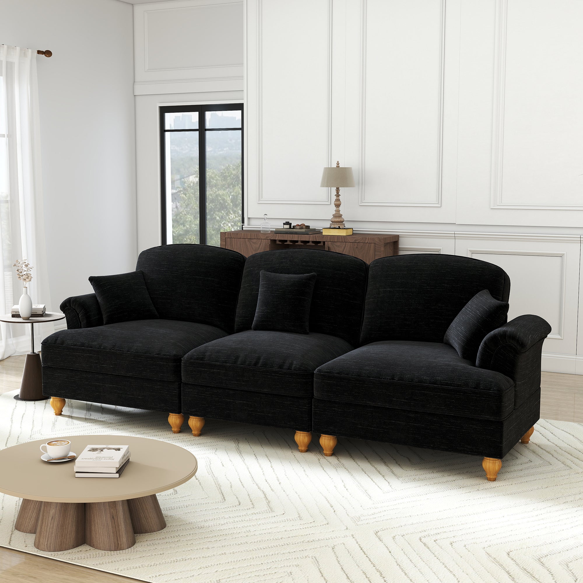 Sofa 3-seater Mid-Century Chenille Ruffled Apron - Black