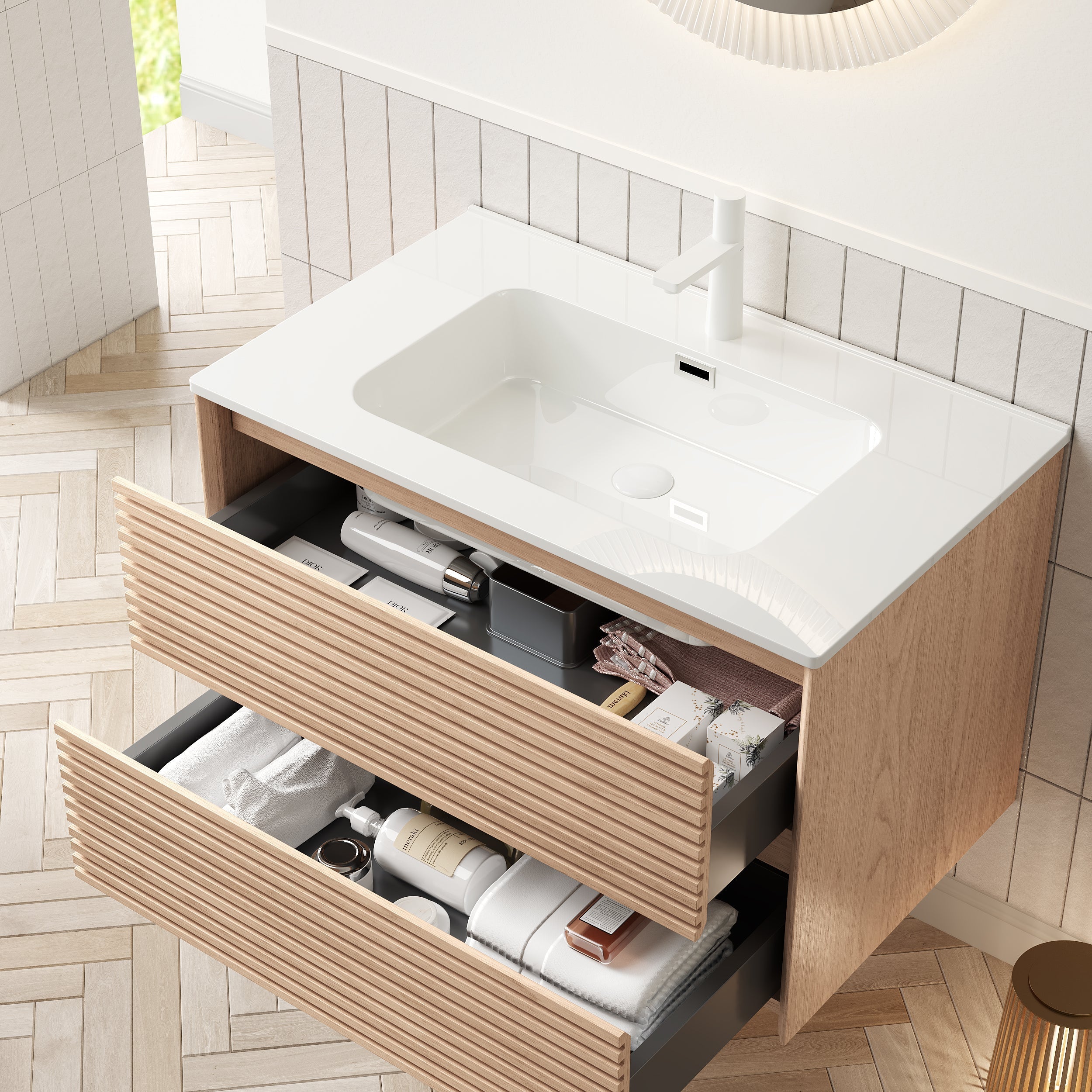 BRON Wall Mounted Vanity 81cm Ceramic Undermount Basin 2-Drawer Cinnamon Walnut Wood Grain