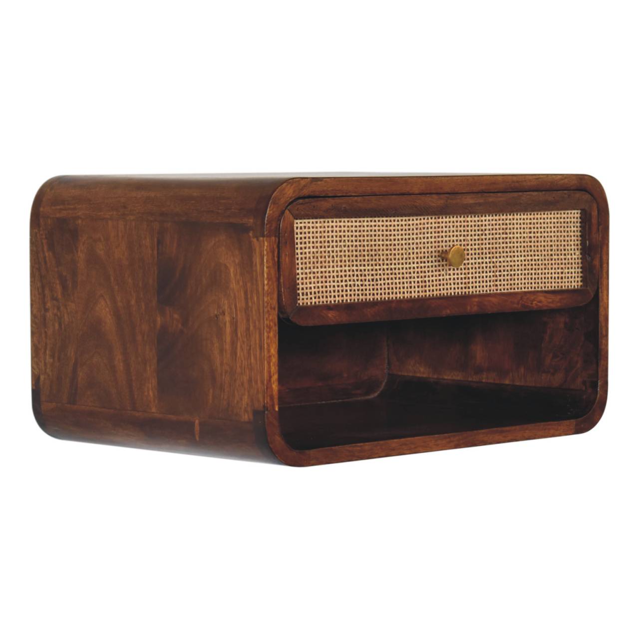 Solid Wood Wall Mounted Bedside, 1 Drawer, Open Woven, Dark Brown Chestnut
