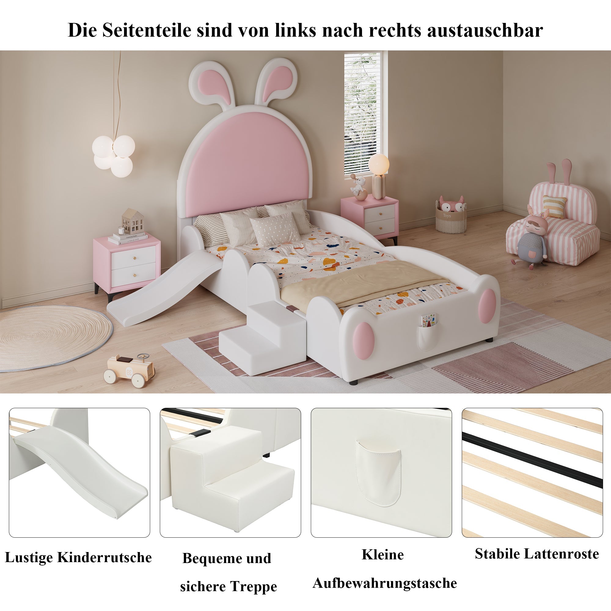 Upholstered Single Bed with Slide, Bunny Ears Headboard, 90x200cm, PU White/Pink