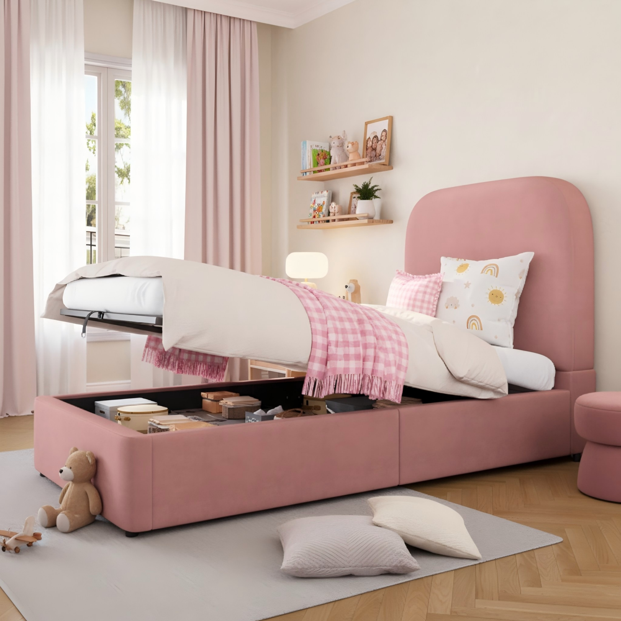 Upholstered Bed 90x200cm Hydraulic Storage Headboard, Velvet Pink