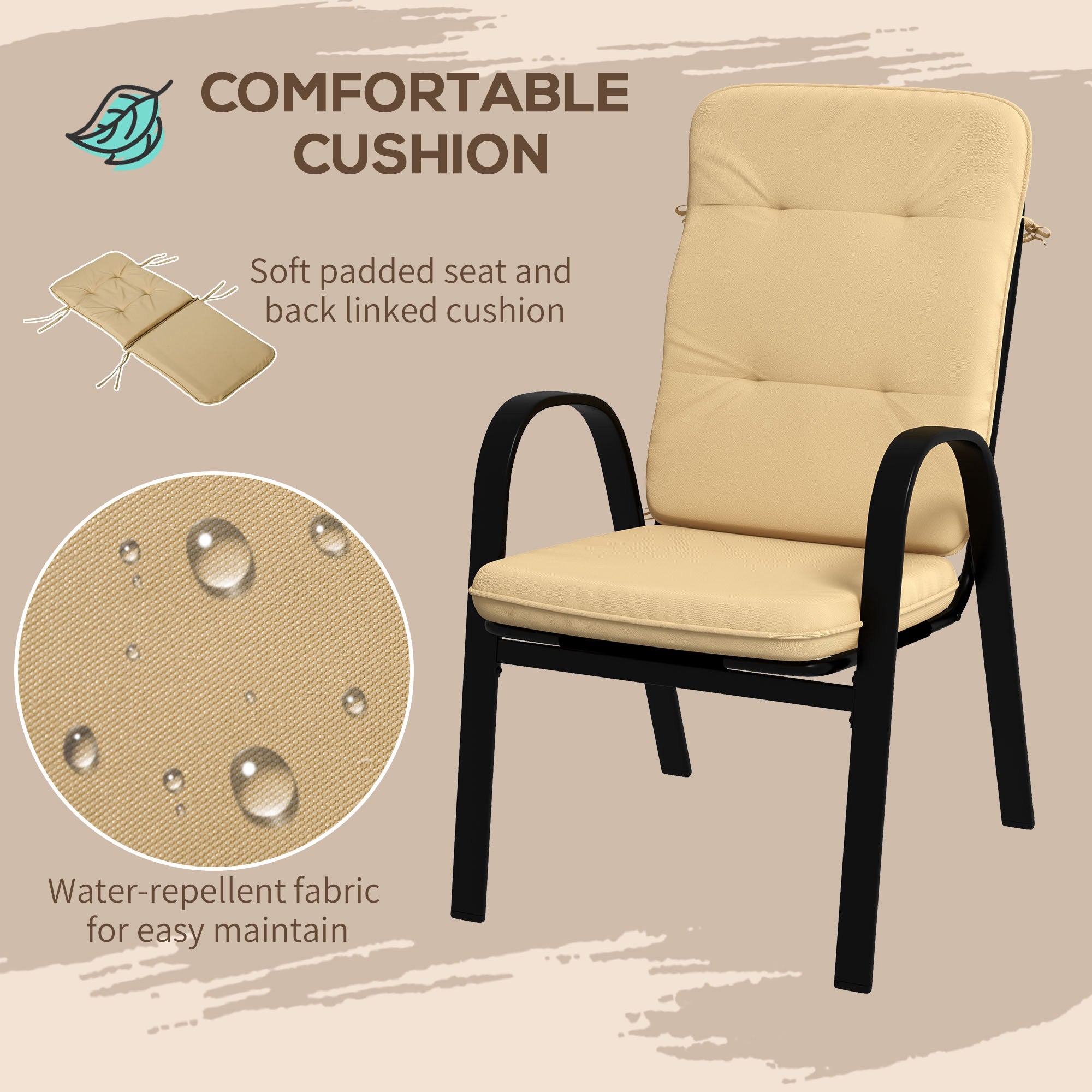 5 Piece Outdoor Square Dining Set with Tempered Glass Table and 4 Cushioned Chairs, Beige