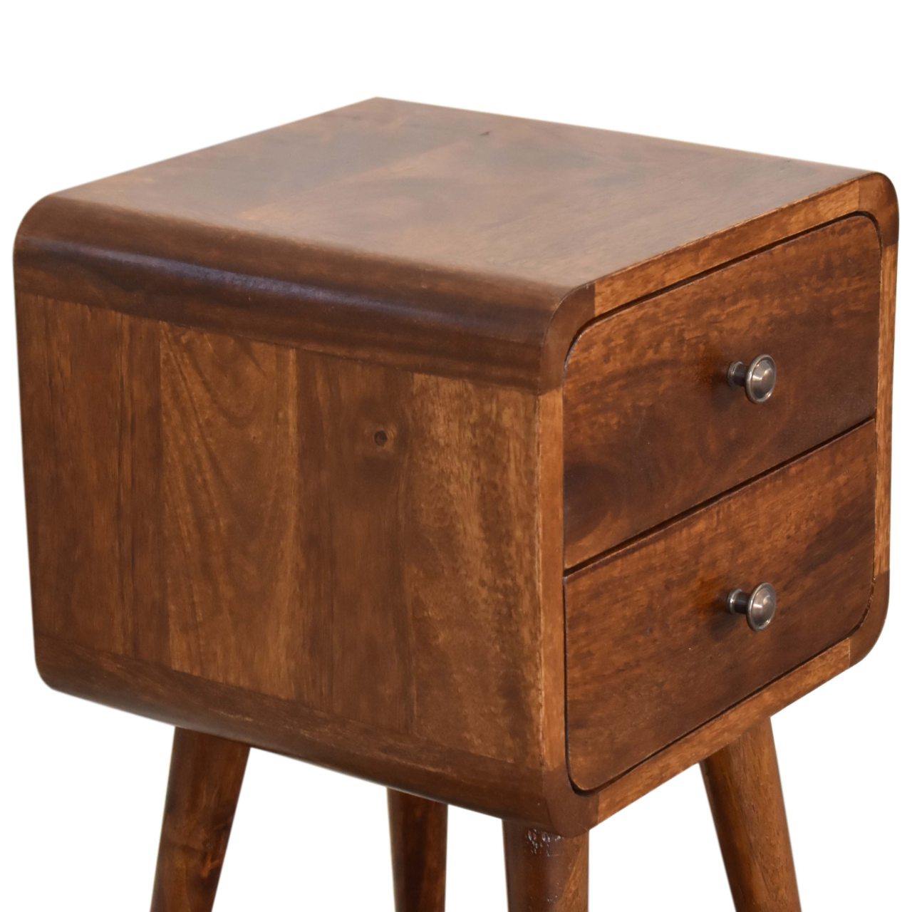 Solid Wood Bedside, Mini Curved 2 Drawers, Dark Brown