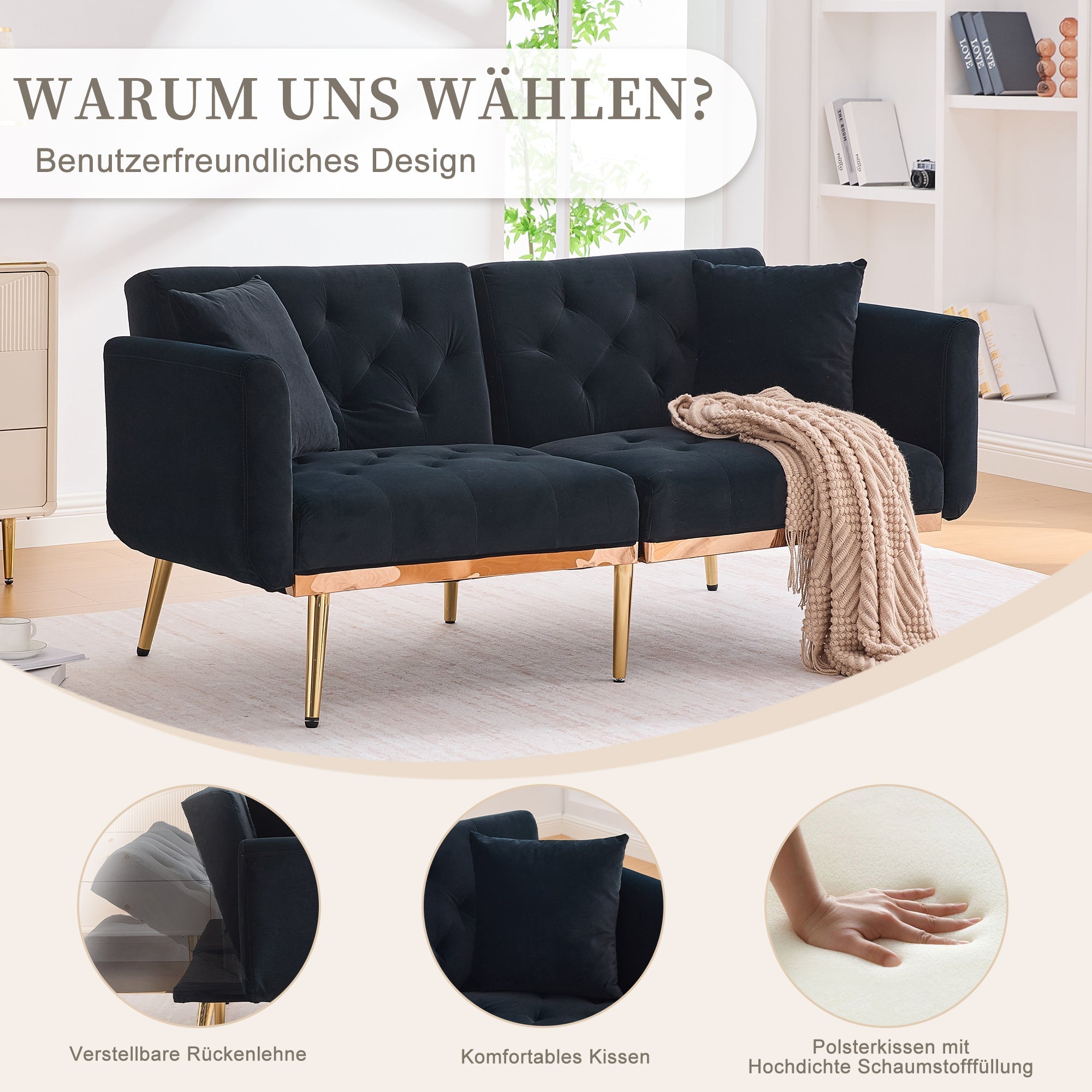 Loveseat, 2-Seater Sofa Bed with Adjustable Backrest, Black Velvet