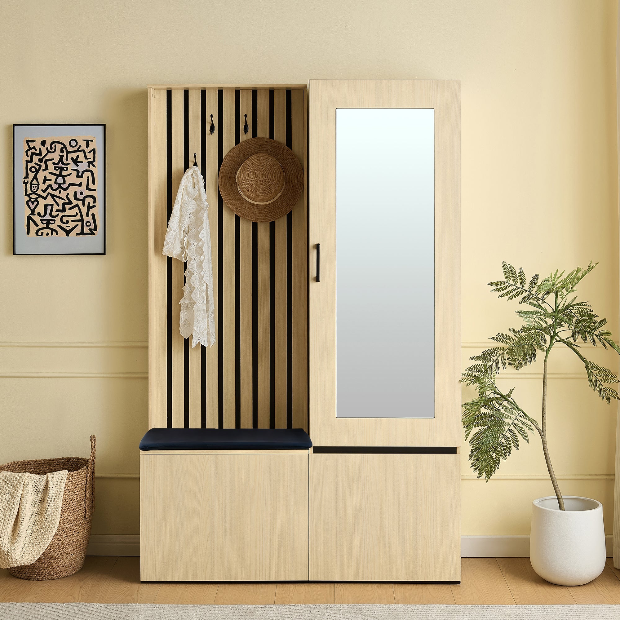 Combined Wardrobe Hallway Set with Mirror, Bench, Shoe Rack, Extendable Clothes Rail