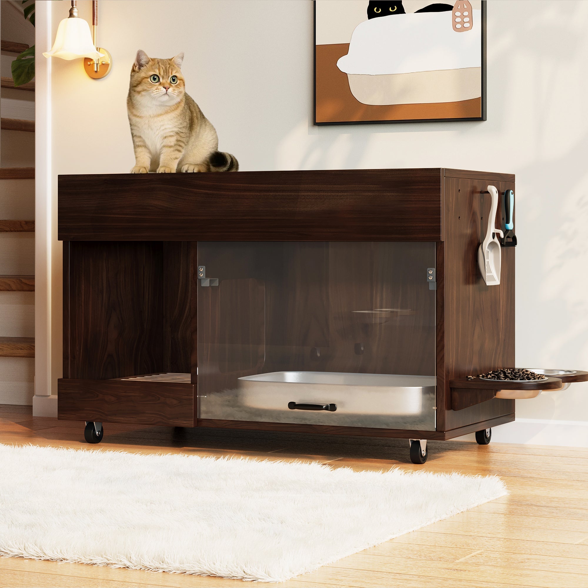 Mobile Cat Litter Box Cabinet with Food Bowls, Sand Tray, Pegboard - Walnut