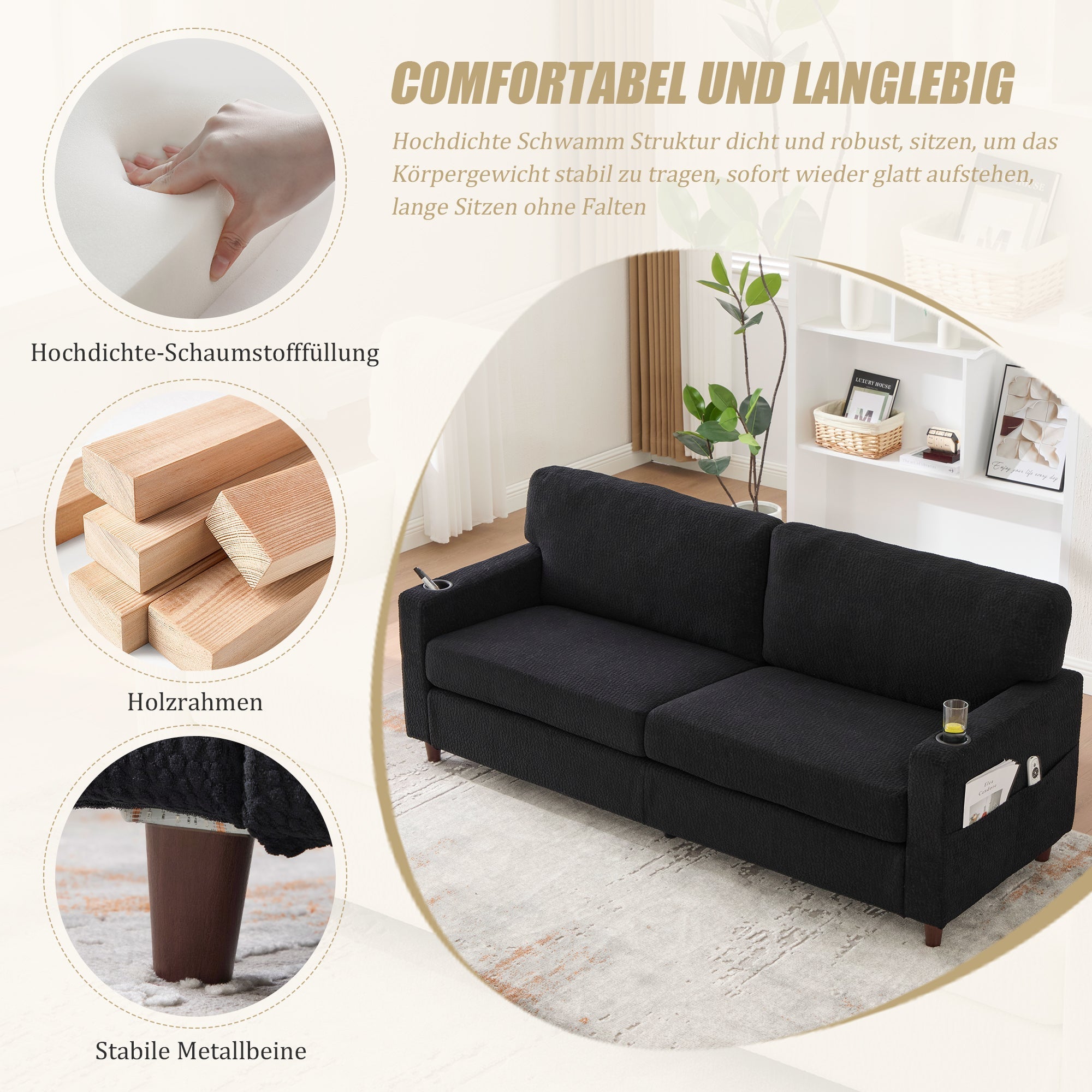 Modern 2-Seater Sofa USB-C LED Cup Holders Side Pockets - Black Chenille