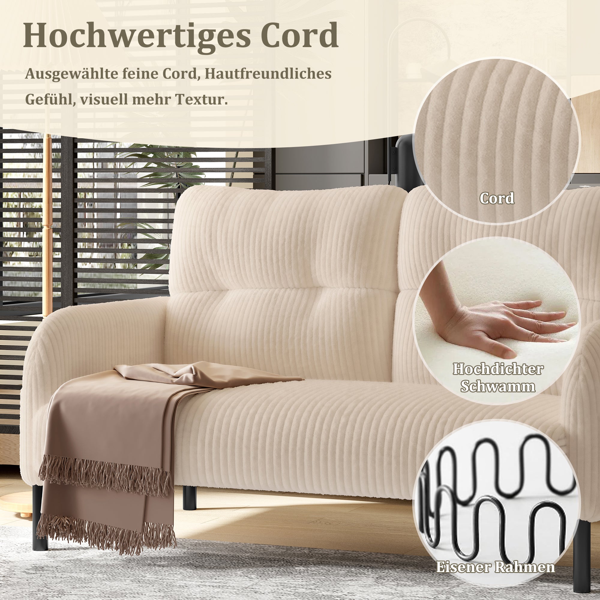 Corduroy Two-Seater Sofa, Comfort Padding High Back Side Pockets, Metal Feet