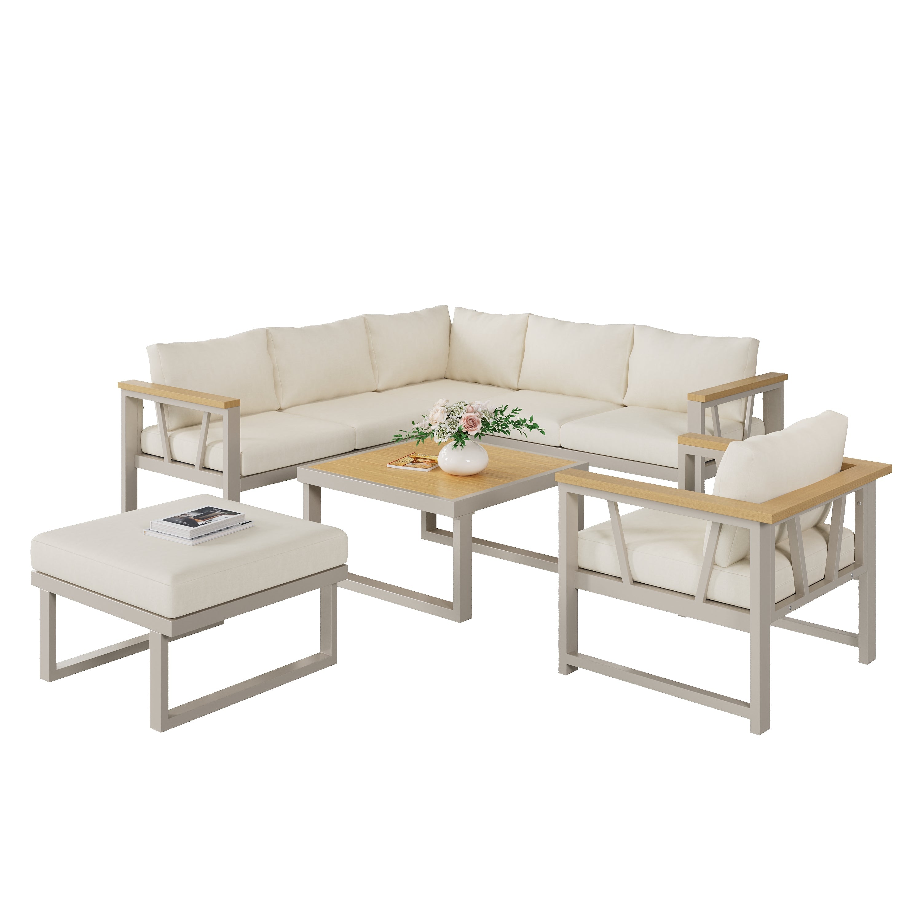 Corner Garden Furniture Set with Coffee Table, Seats 7, Khaki and Beige