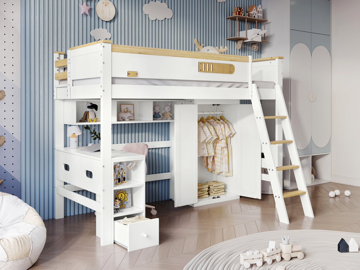 Bunk Bed with Safety Rail, Table, Wardrobe, Ladder, 90x200cm, Pine/MDF White/Natural