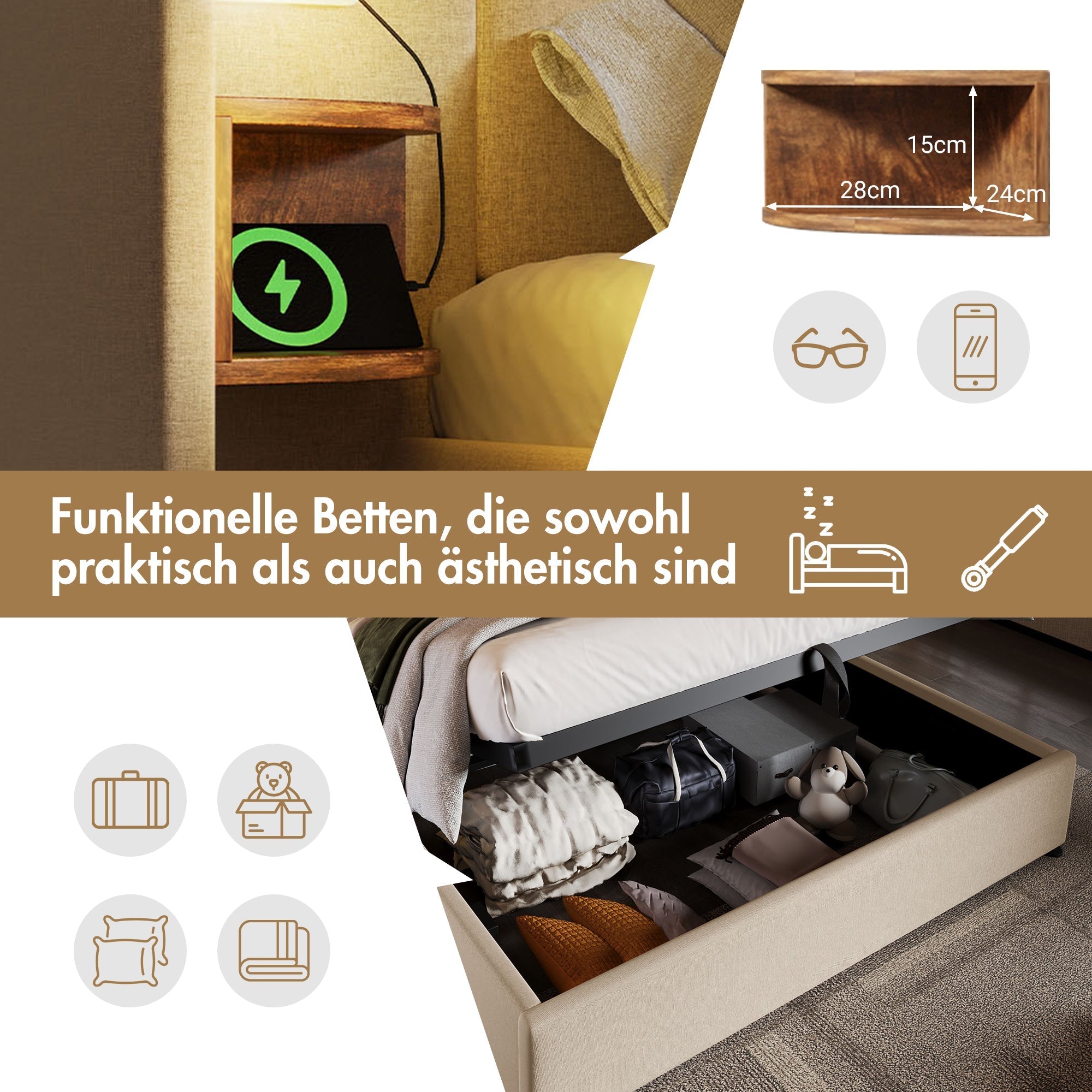 Upholstered Double Bed 180x200 with Bedside Table, Reading Lamp, USB-C Charging, Beige Linen