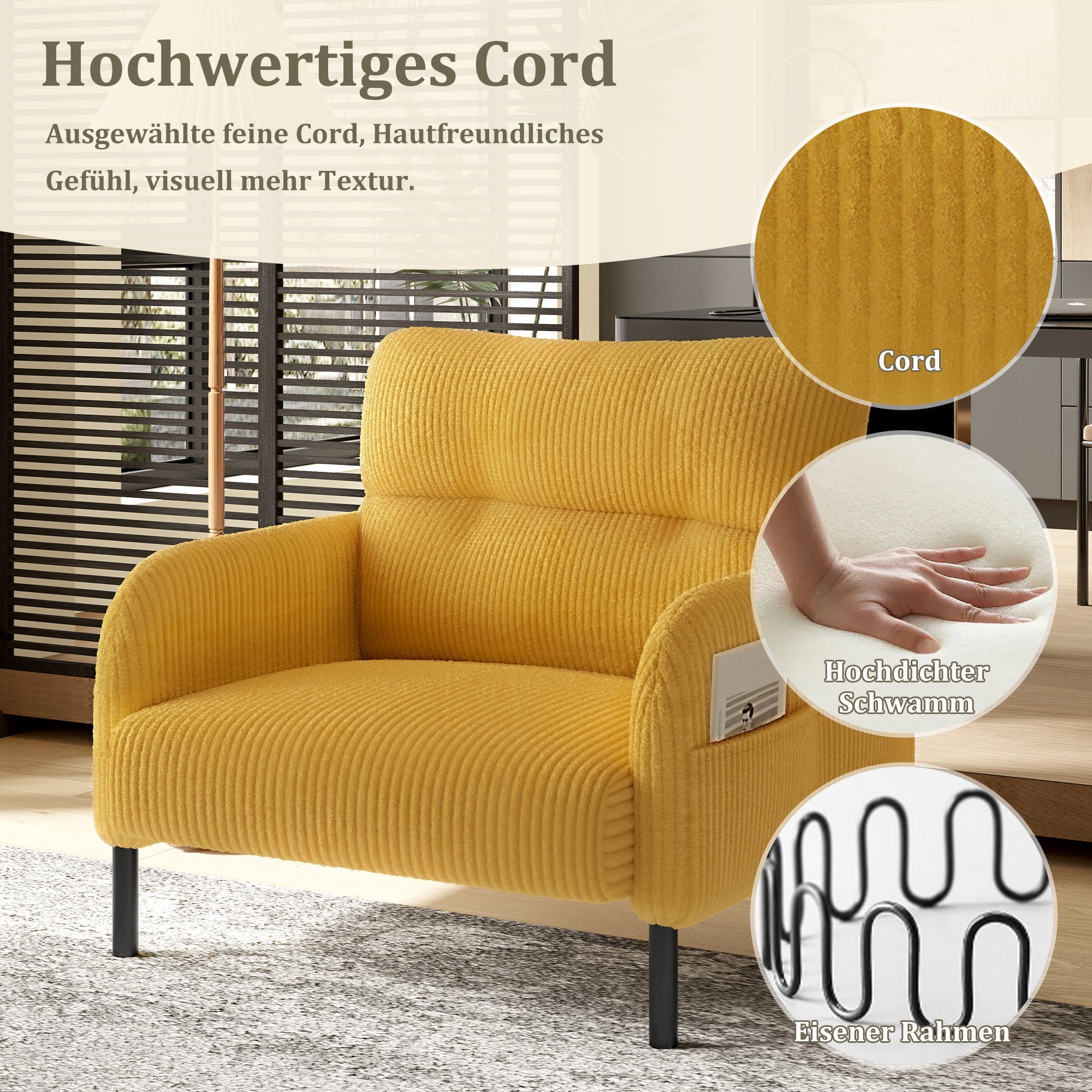 Sofa/Chair, Comfortable Seating with Side Pockets, Velvet Fabric