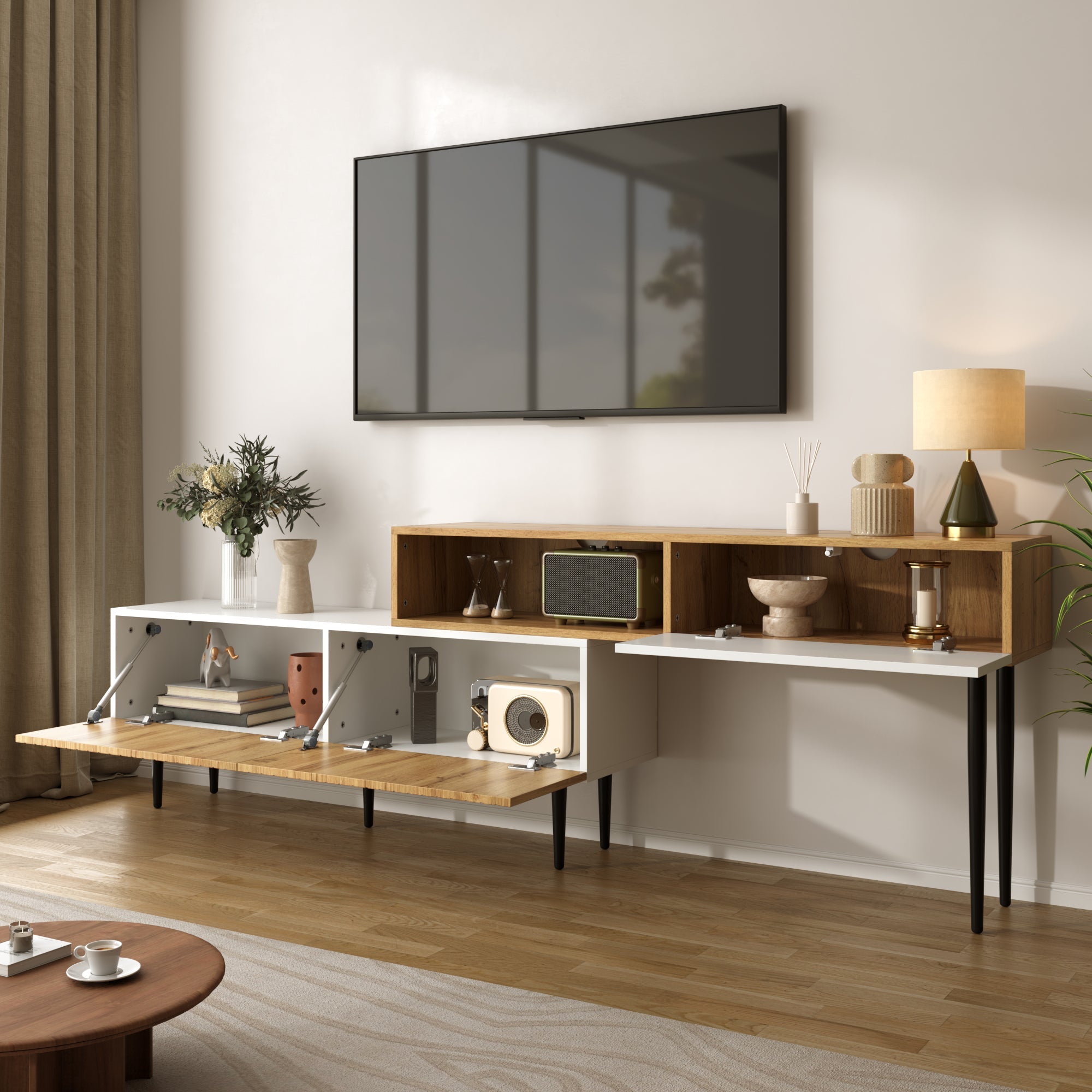 Modern TV Cabinet, adjustable length, modular 2-piece, wood look + matt white, black metal legs