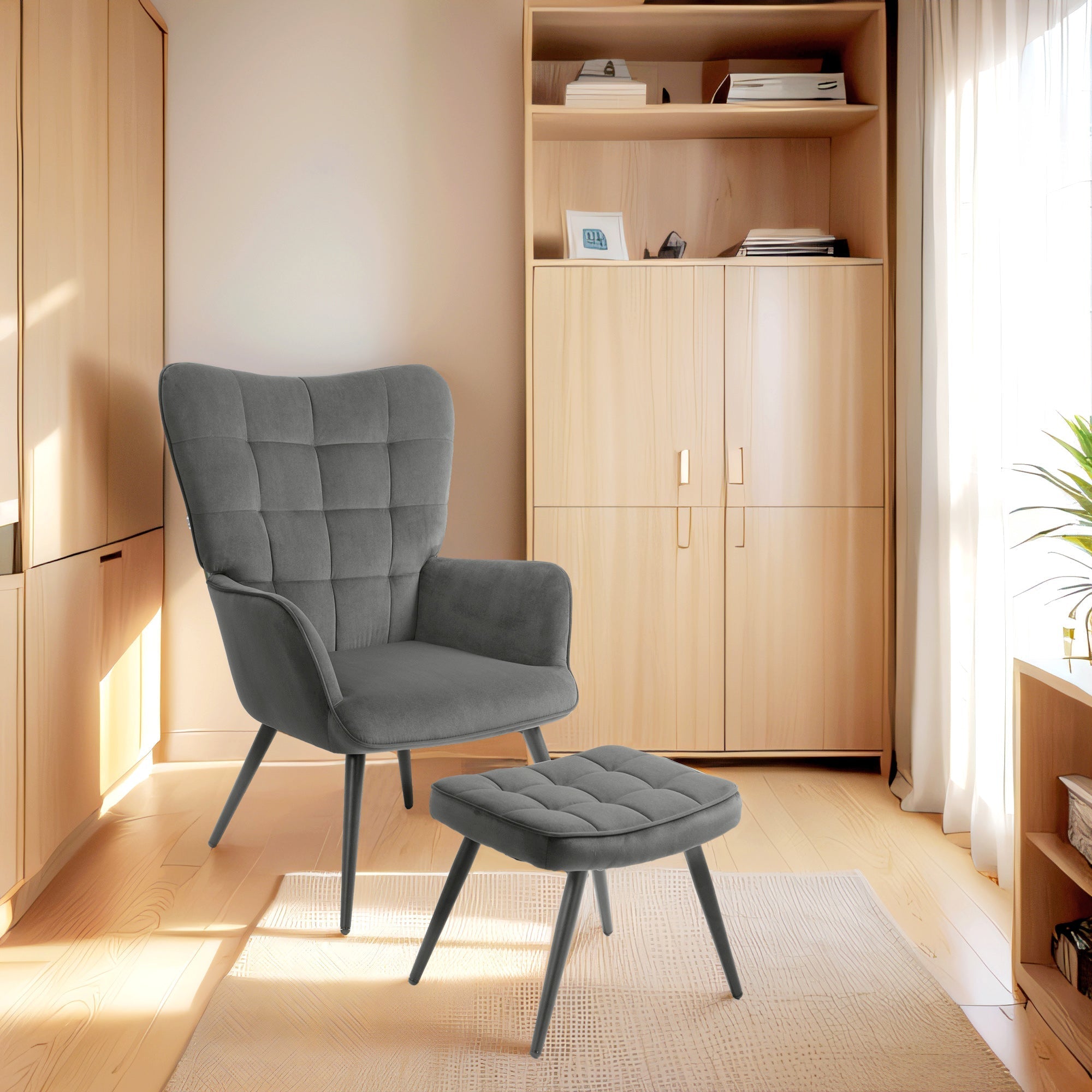 Wingback Chair with Stool, Upholstered Lounge Chair, Dark Grey Velvet