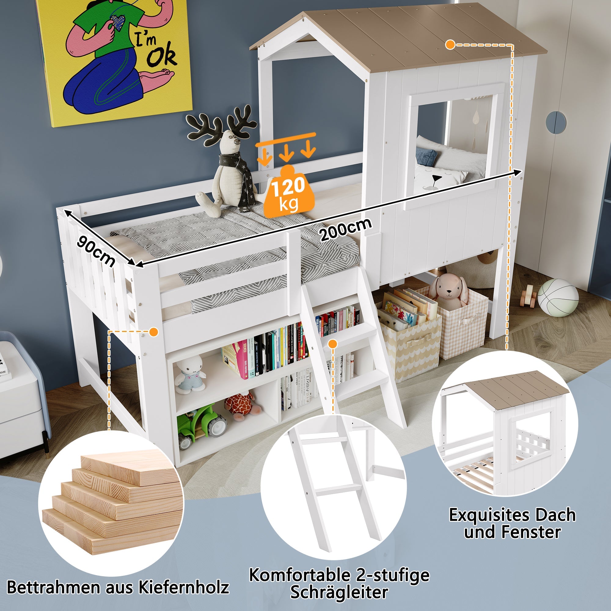 Children's Bed, Half-Height House Bed with Roof, Window & Stairs, White & Natural Wood