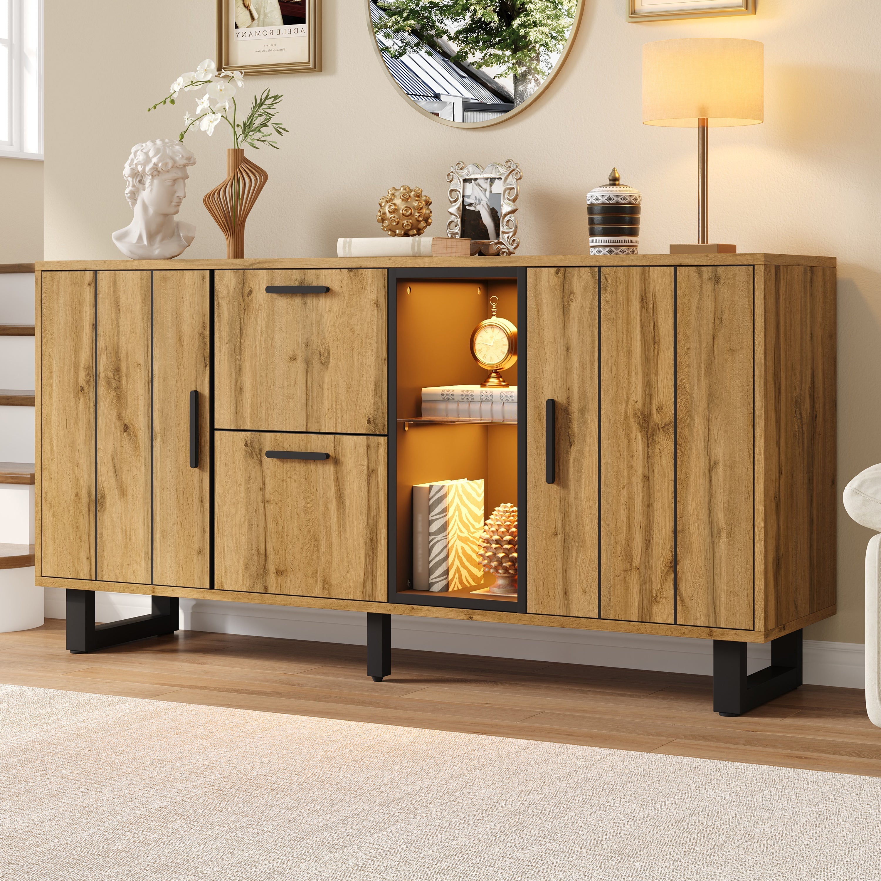 Sideboard 160cm Wide with 2 Drawers LED Light Strip Natural Wood/Black
