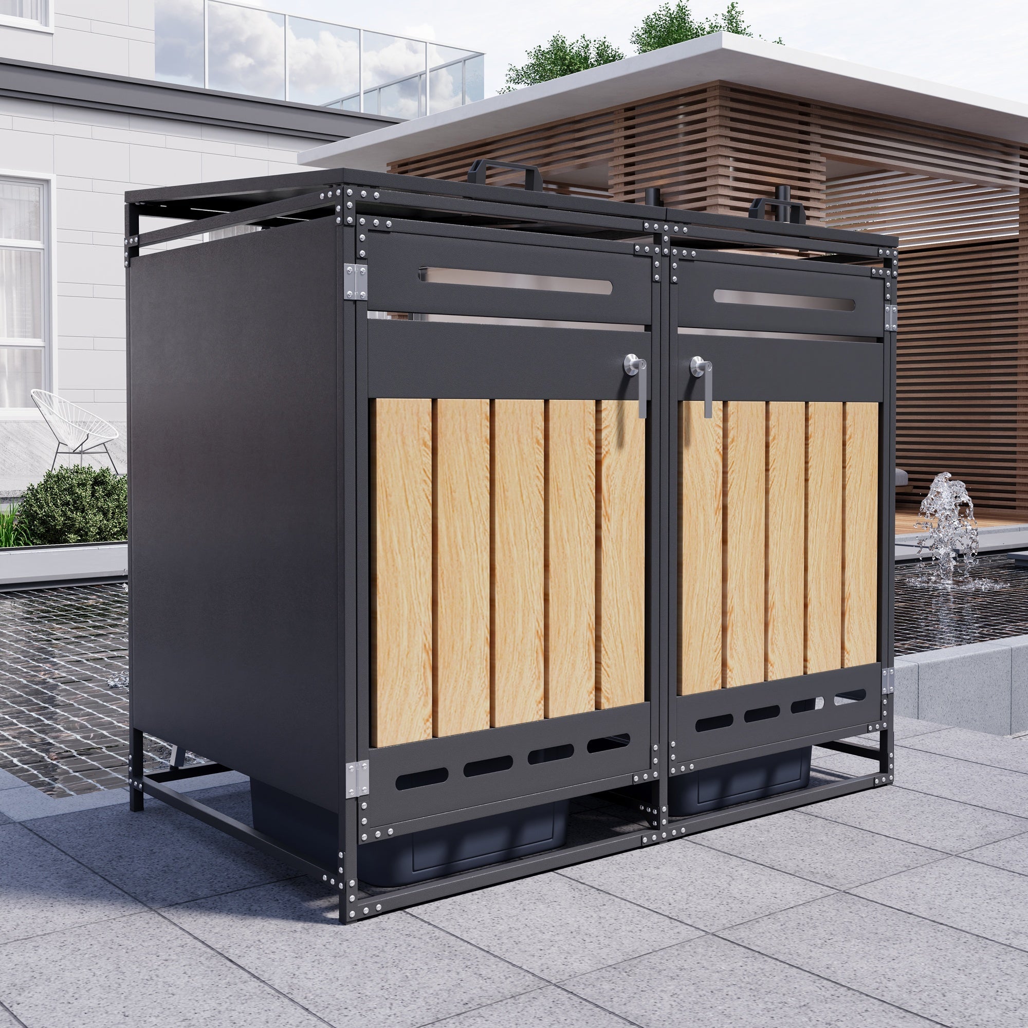 Bin Storage Unit with Hydraulic Lid, Slotted Ventilation and Lock, Iron Wood-Look Cladding