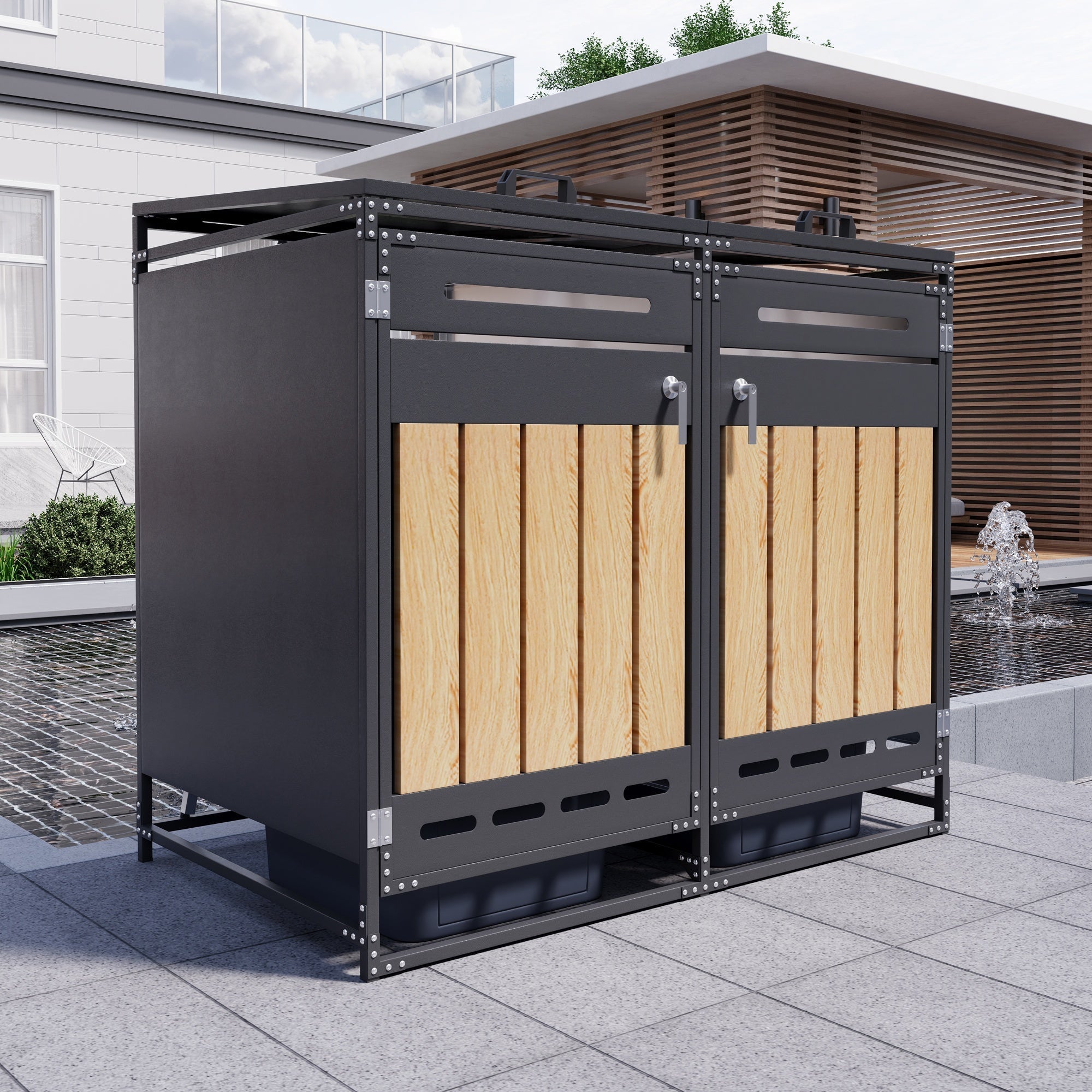 Bin Storage Unit with Hydraulic Lid, Slotted Ventilation and Lock, Iron Wood-Look Cladding