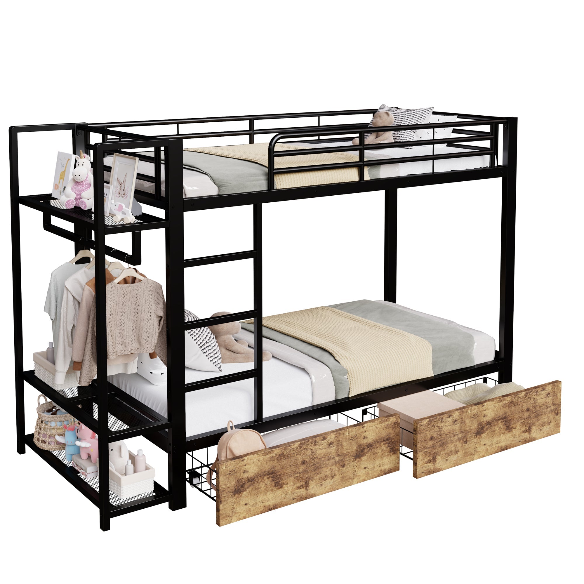 Bunk Bed with 2 Drawers, Shelves, LED and Clothes Rail, 90x200cm, Black Iron Frame