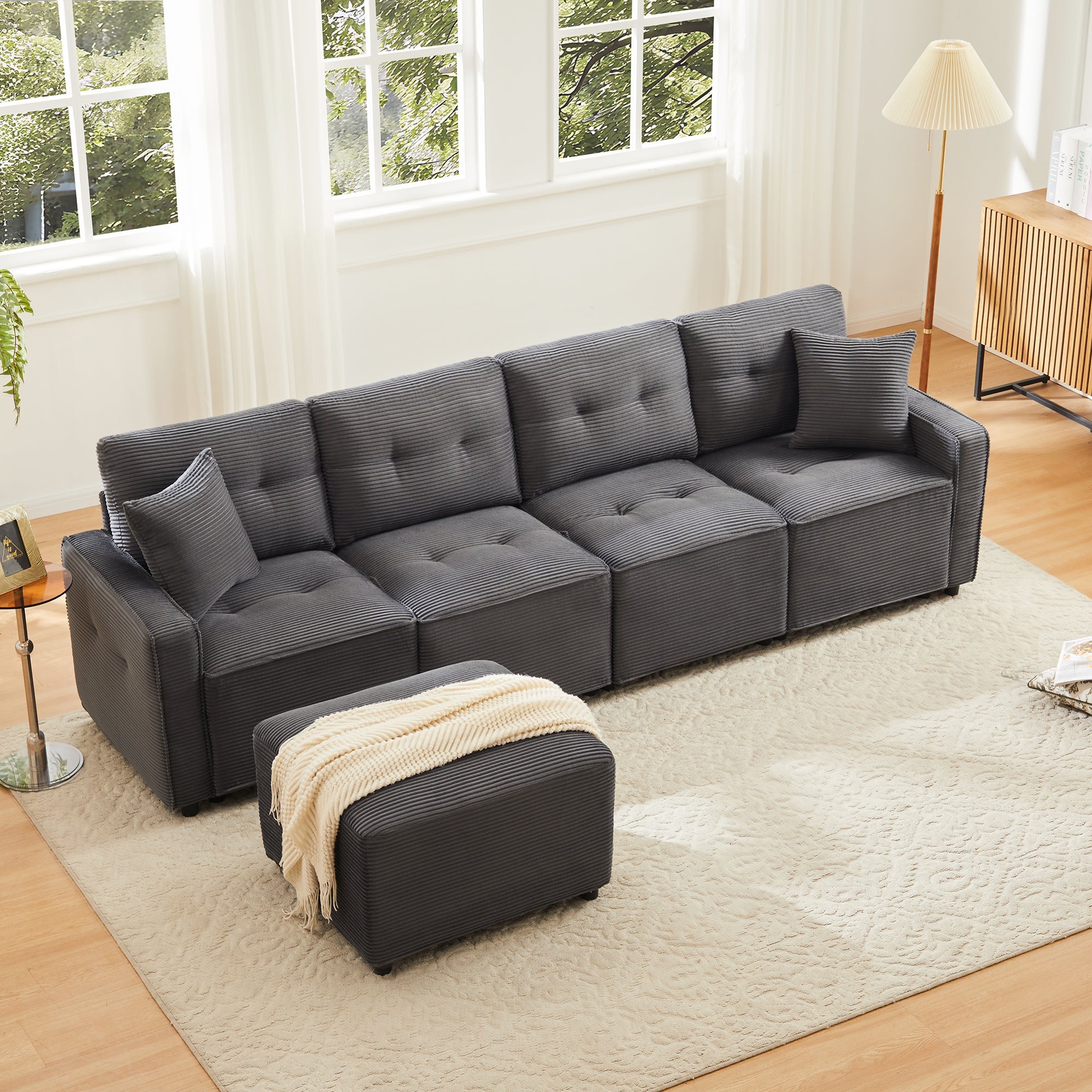 4-Seater Sofa with Storage and Ottoman, Grey Corduroy