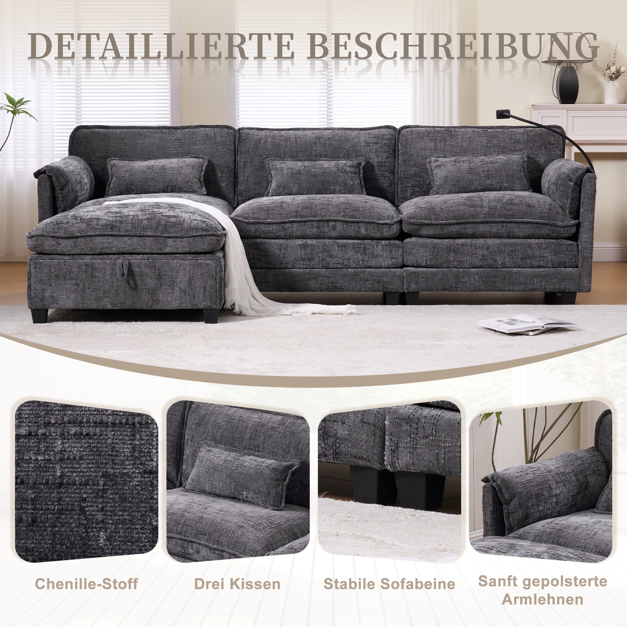 Modern 2-Seater Sofa USB Port Storage Footstool Memory Foam - Chenille Grey