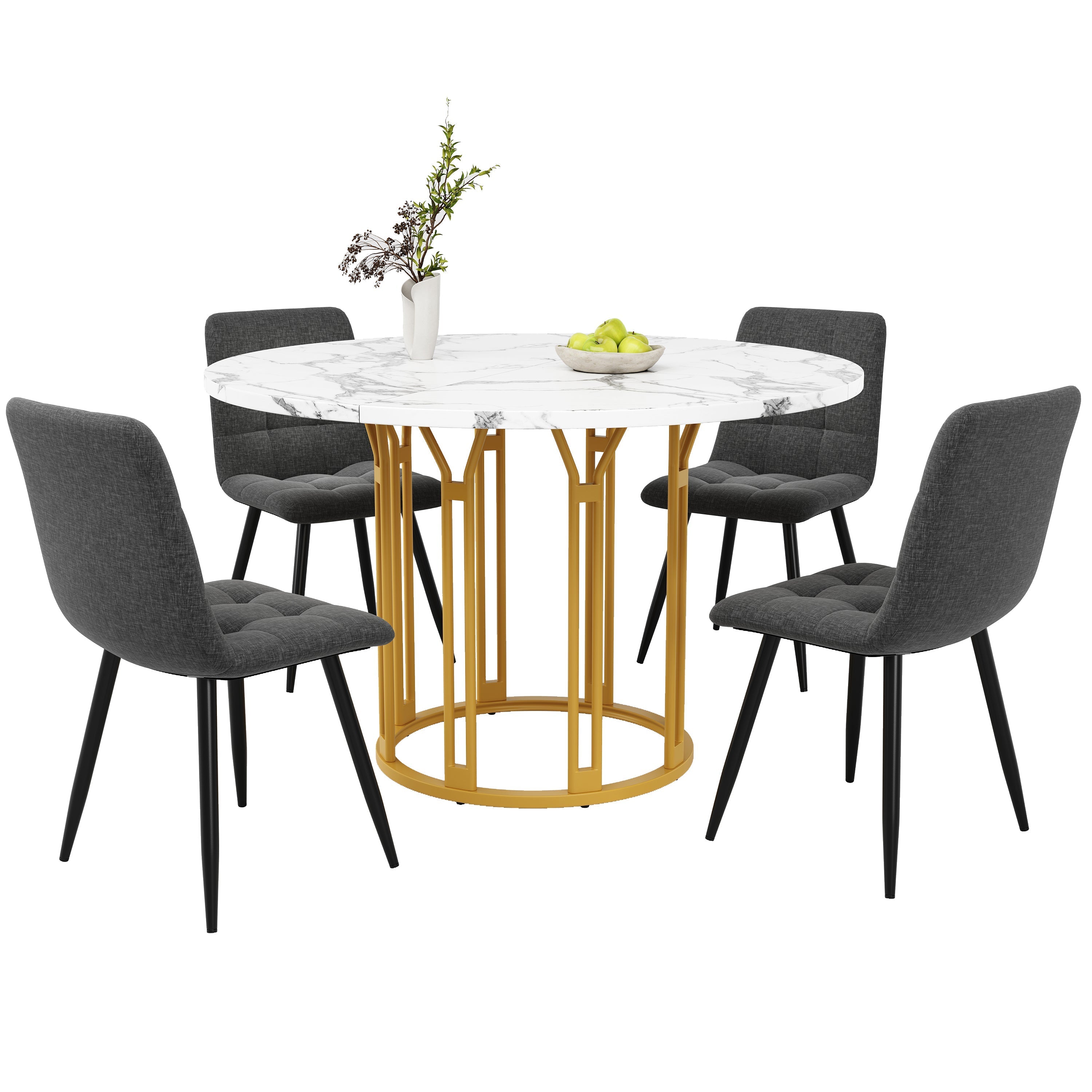Dining Table Set 5-Piece Round Marble Top 4 Chairs Linen Bench - Grey
