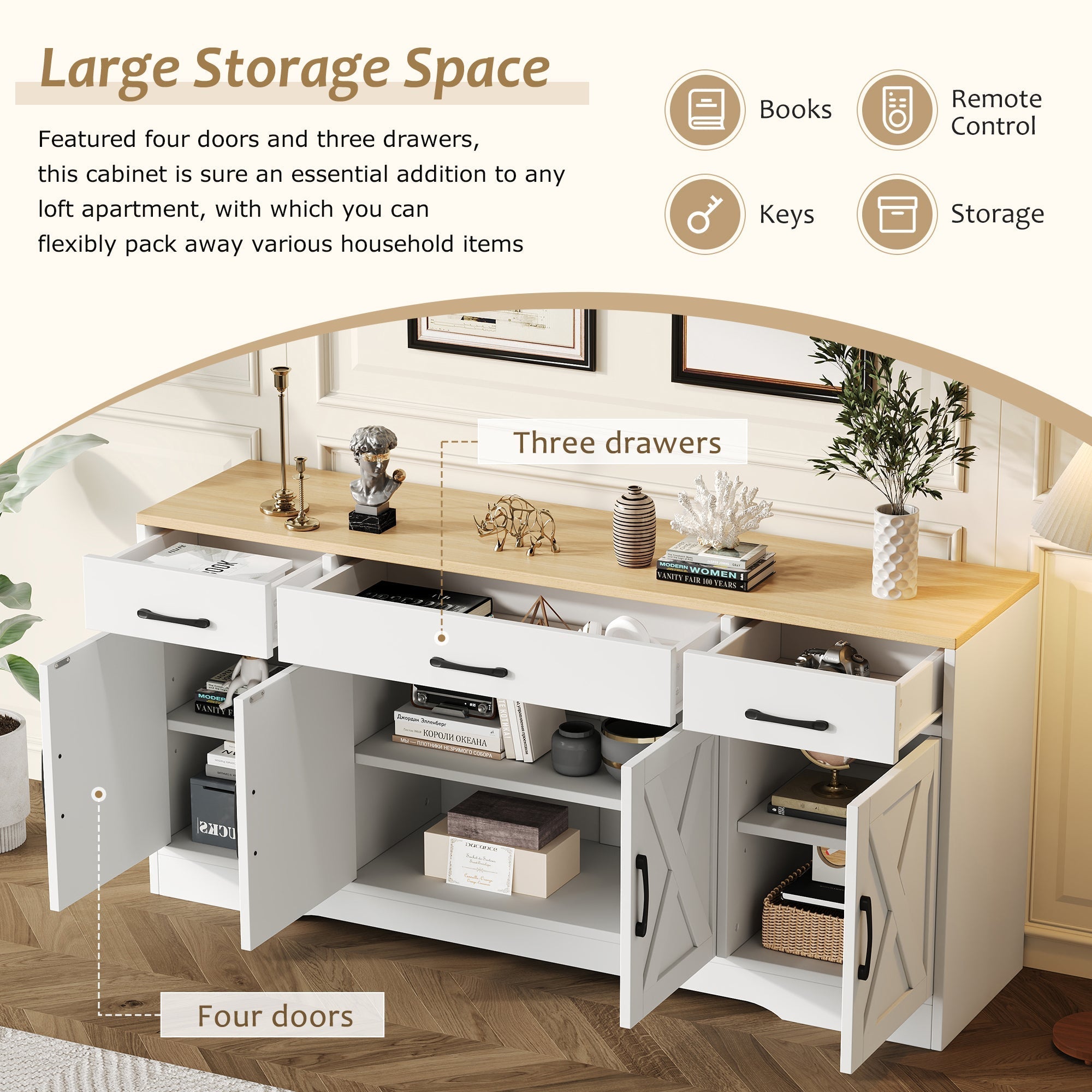 Sideboard Multifunctional Wooden Cabinet, White