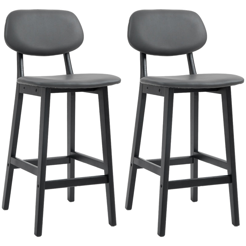 Bar Stools Set of 2, Upholstered with Backs, Footrests, and Solid Wood Legs, Dark Grey PU Leather