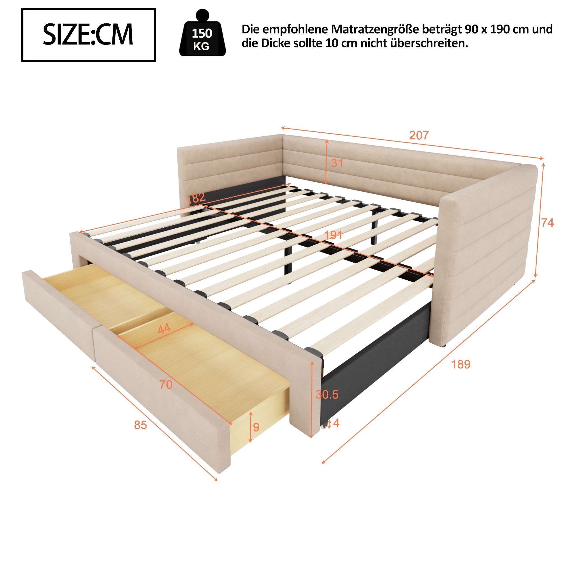 3-in-1 Upholstered Sofa Bed with Drawers and Slatted Base, Cotton and Linen, Beige