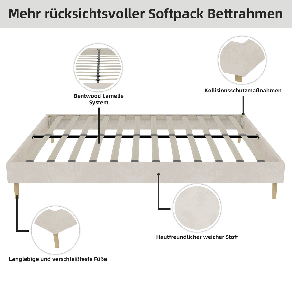Modern Minimalist Bed Frame 140x200 Low-Profile Base - Beige Dutch Velvet