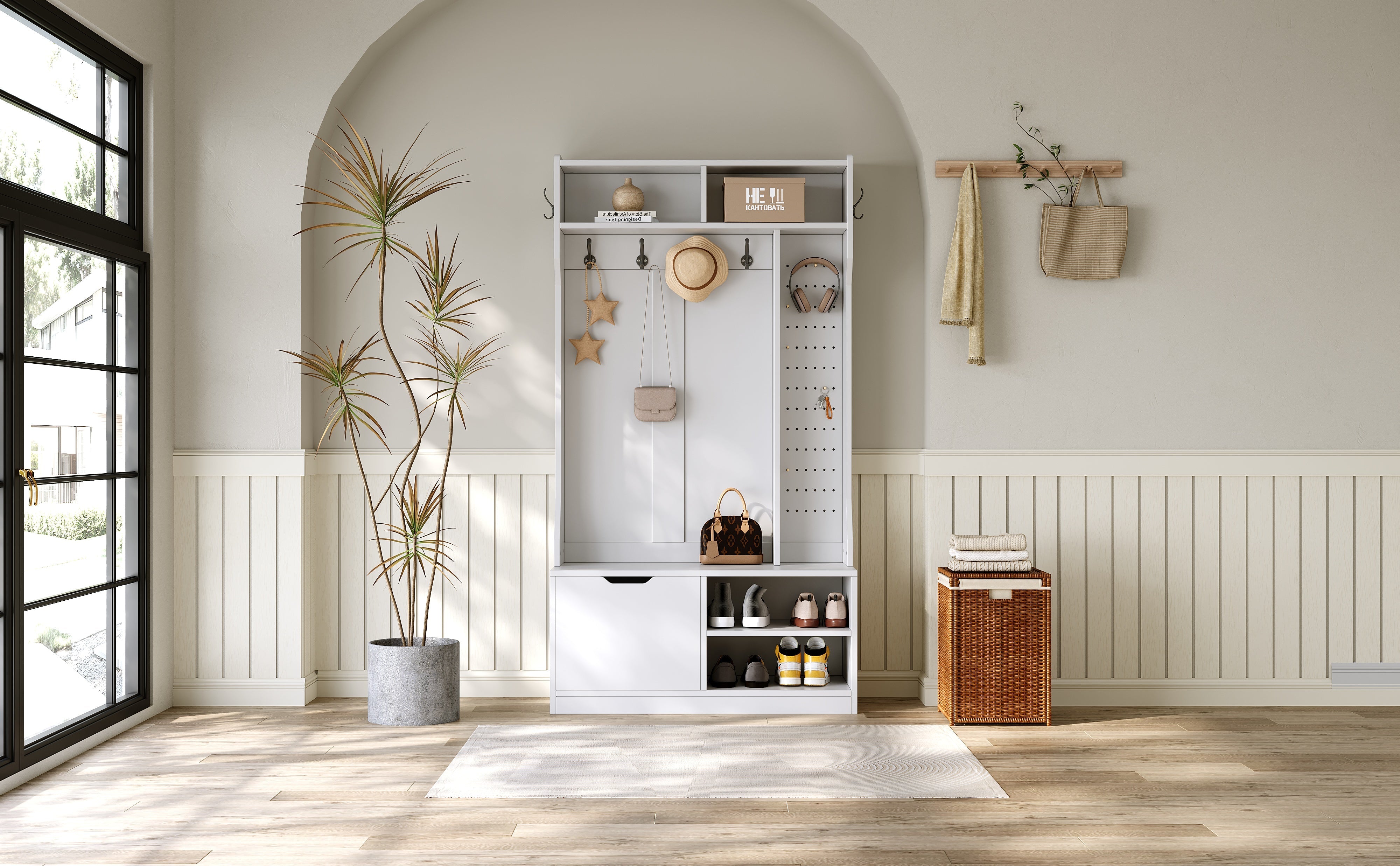 Wardrobe Set Hallway with Bench 6 Hooks 1 Door 4 Storage - White