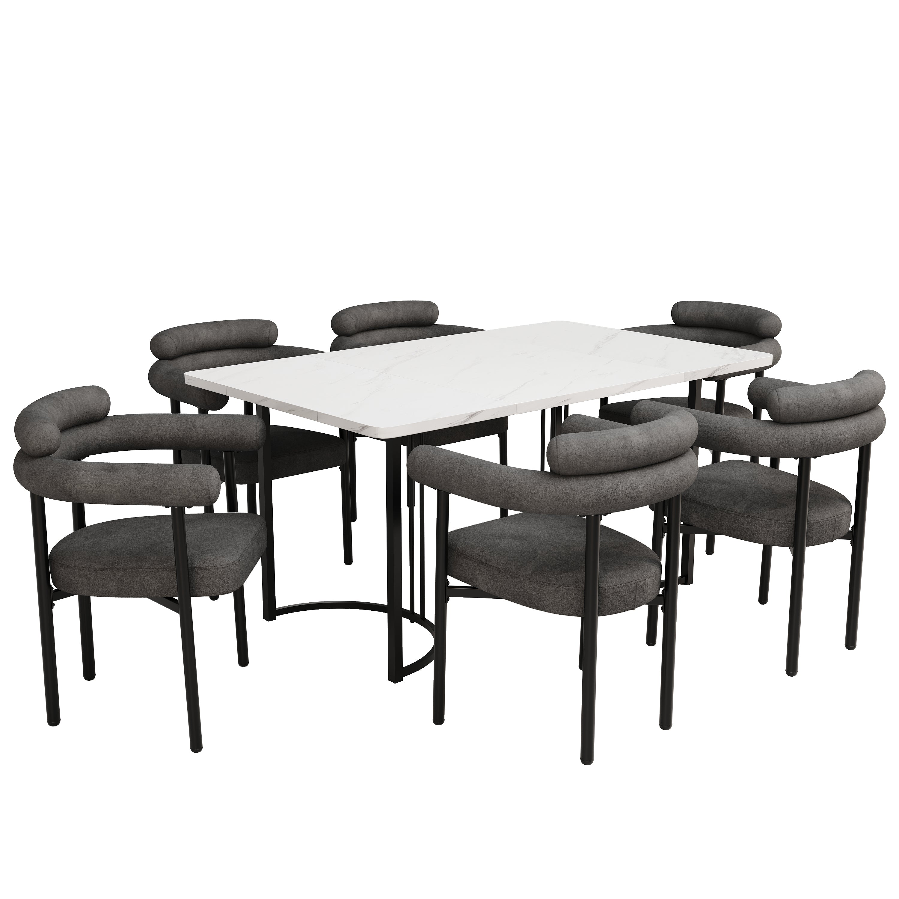 Dining Table and Chair Set (7-Piece) 6 Suede Armchairs Designer Metal Legs - Grey