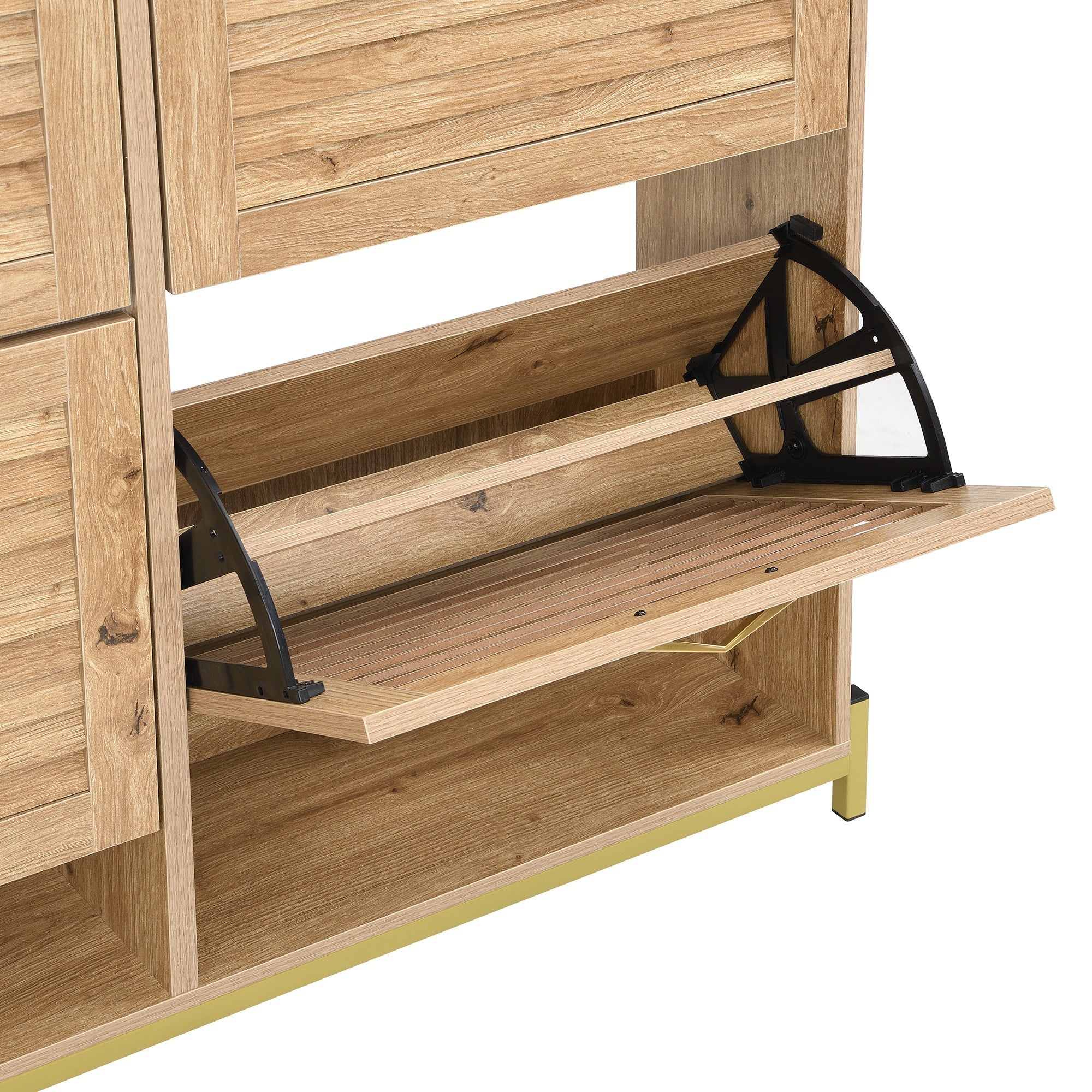 Shoe Cabinet Modern 4 Door Wooden Slat Metal Frame - 108.5x24x100cm