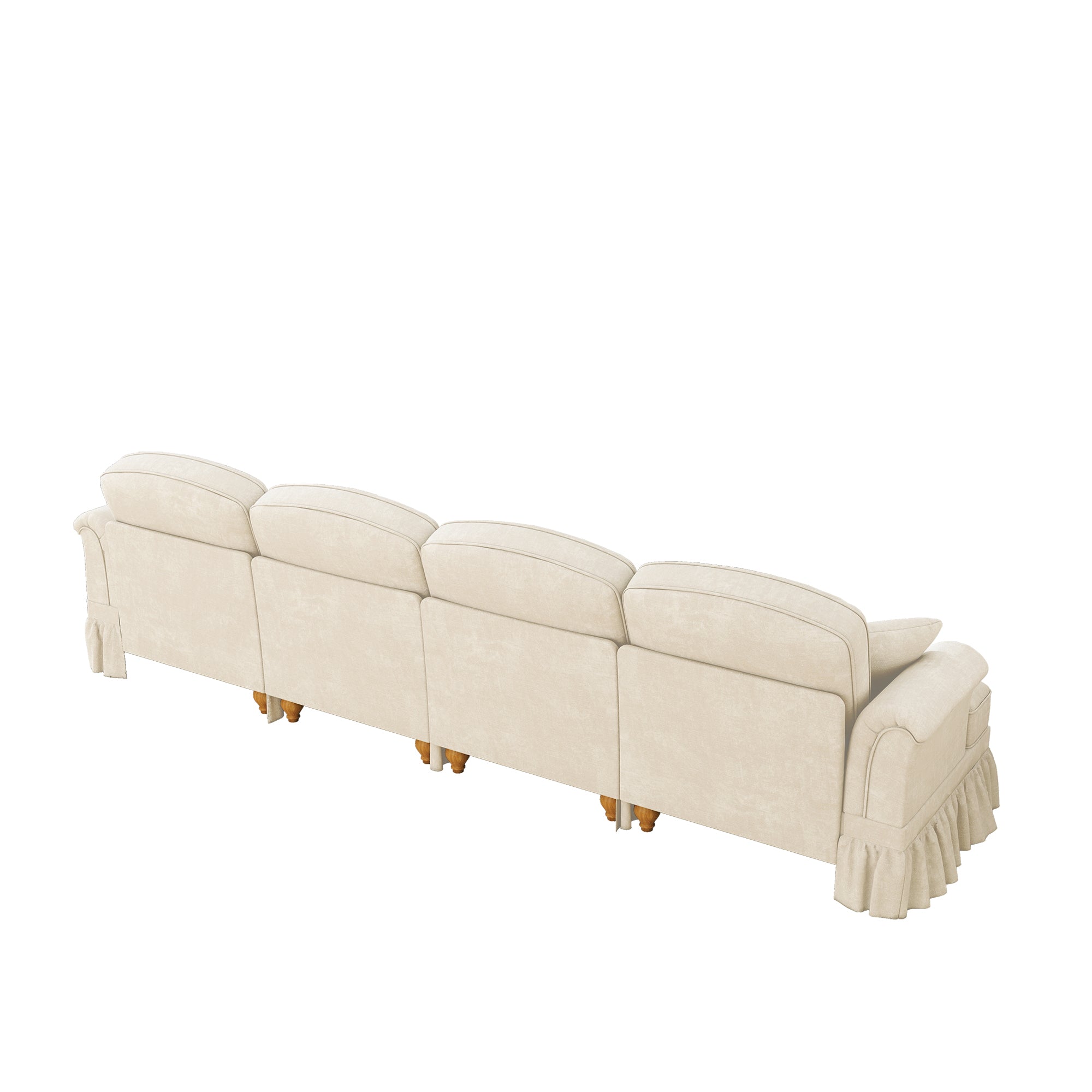 Elegant 4-Seater Sofa Mid-Century Ruffled Apron Spindle Legs - White Chenille