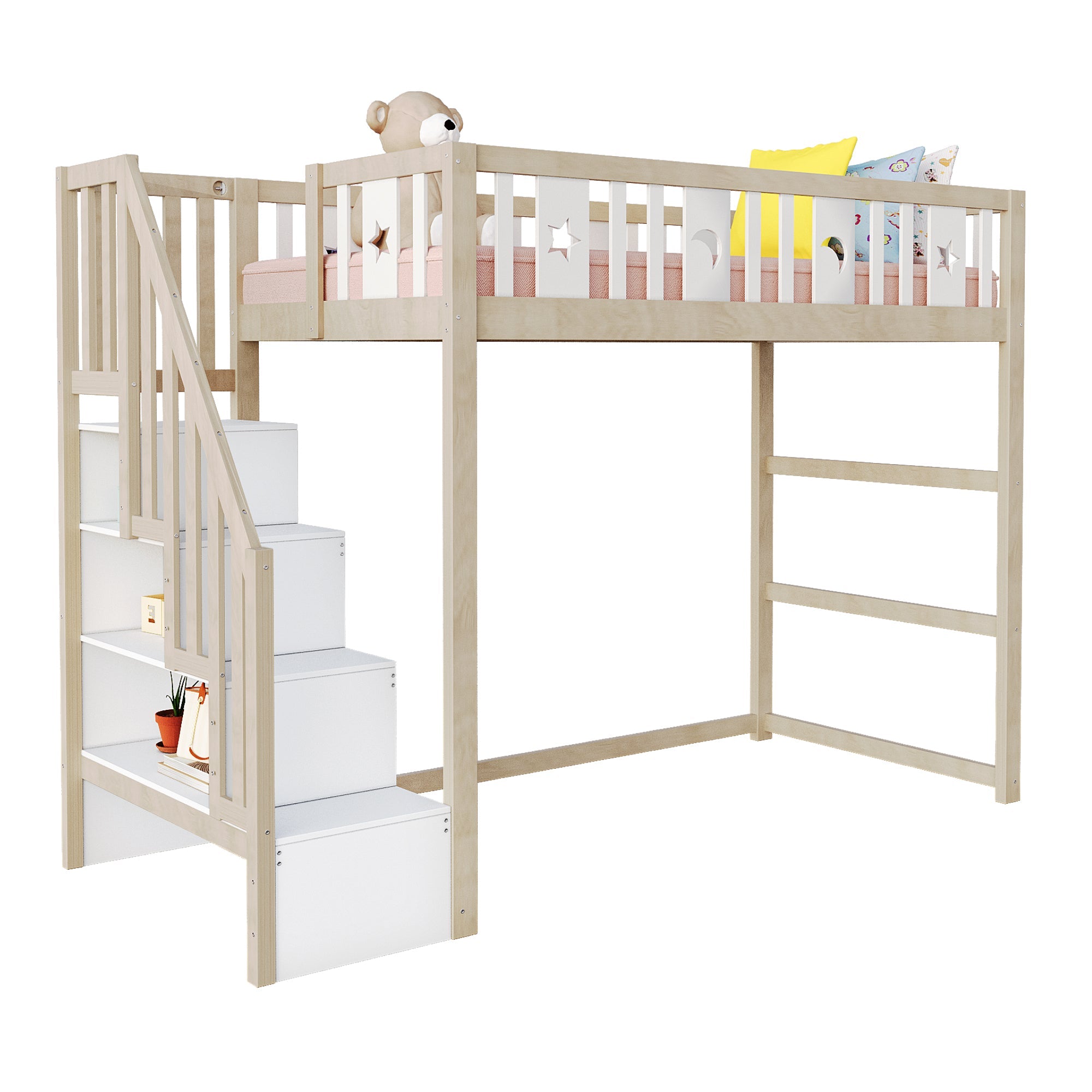 Children's Loft Bed 90*200, Storage Climbing Ladder & Safety Rails, Solid Wood