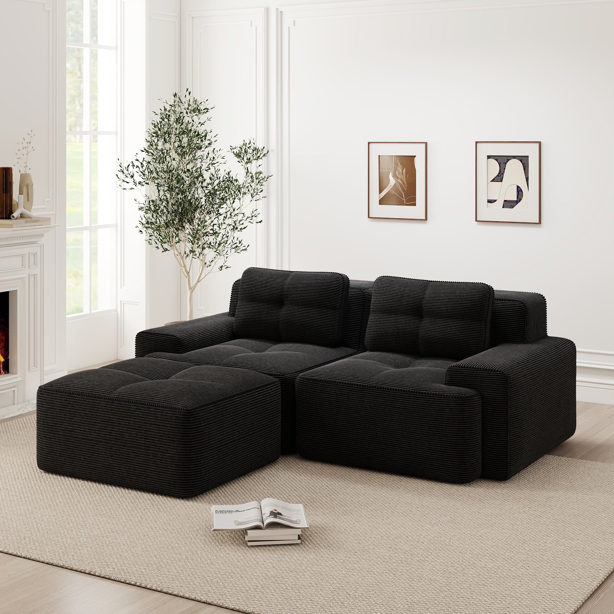 Boneless Modular Sofa L-Shaped Sleeper with Ottoman - Corduroy Black