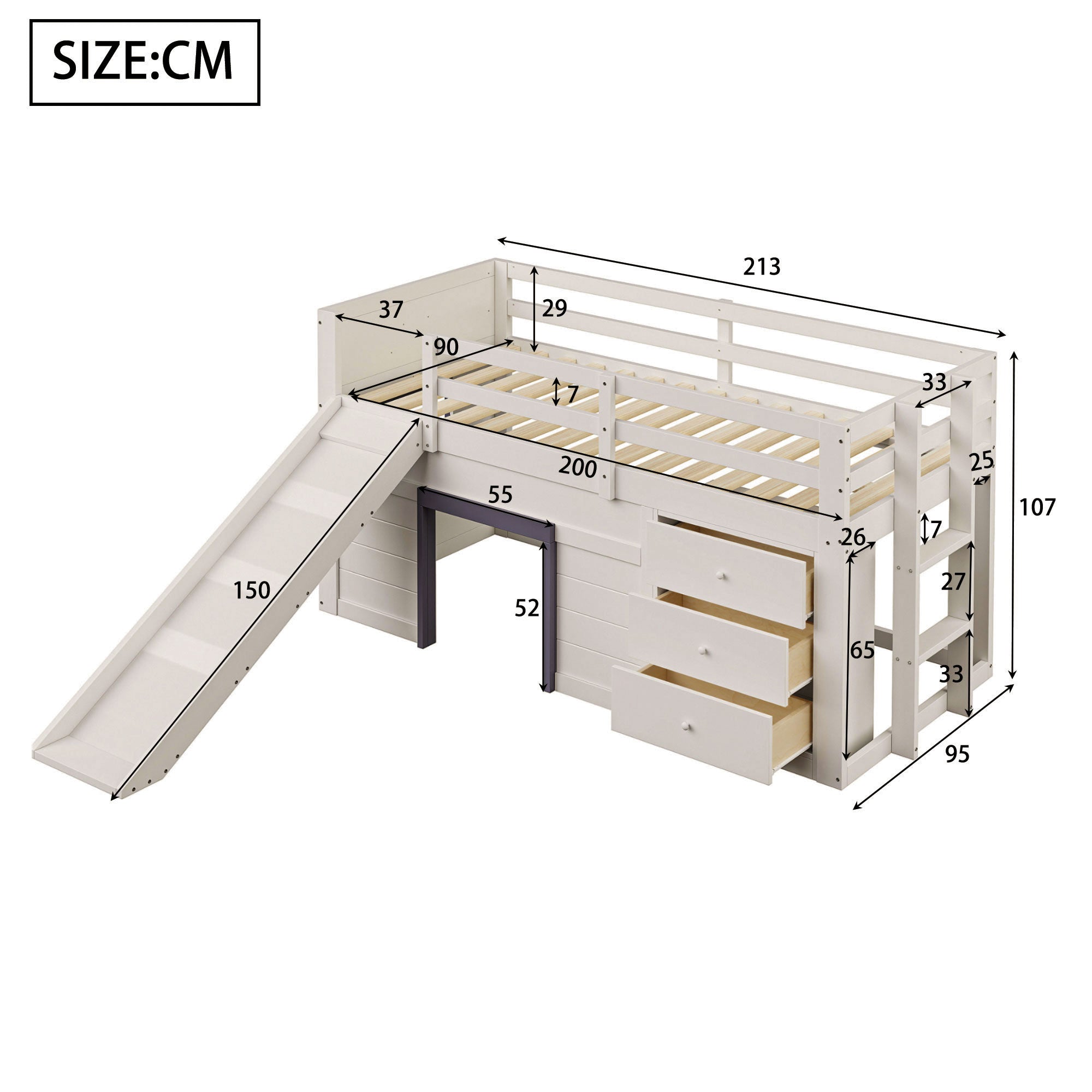 Loft Bed, 90 x 200 with Slide, 3 Drawers & 2 Doors, Cream