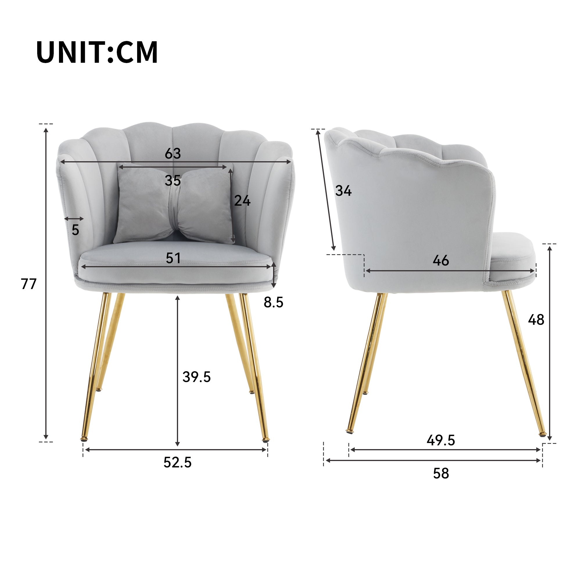 Velvet Chairs, Set of 6 Modern Upholstered with Petal Backs & Butterfly Cushions, Gold-Plated Metal Legs