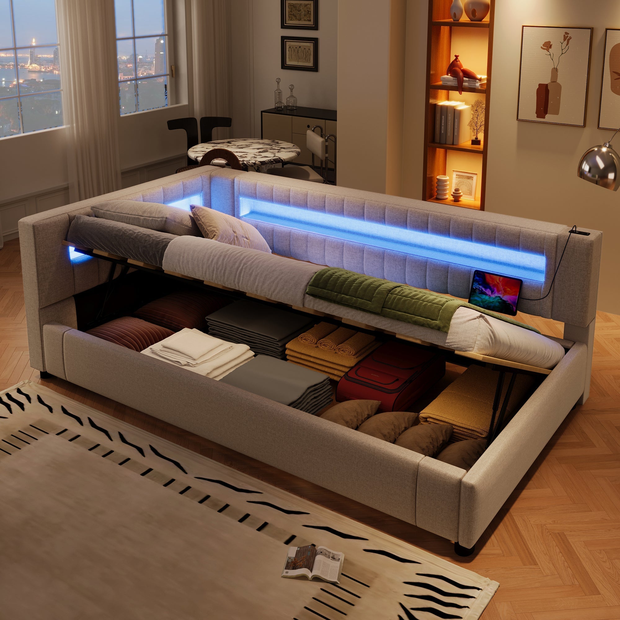 Daybed Sofa Bed 90x200cm Hydraulic Storage LED USB/Type-C - Linen Beige
