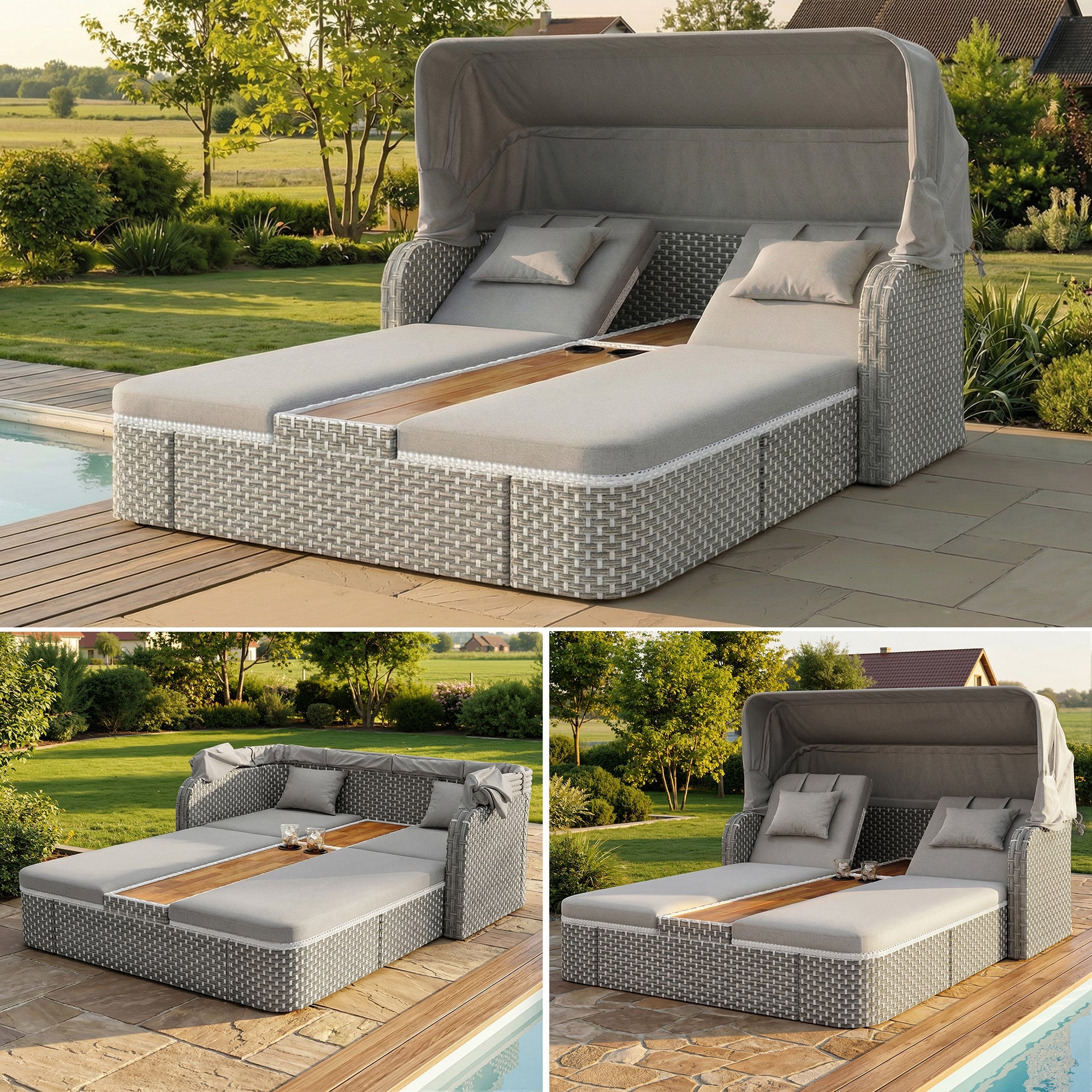 Garden Lounge Set with Sunshade and Gazebo, Polyrattan Seating Group with Sofa and Table, Beige and Grey